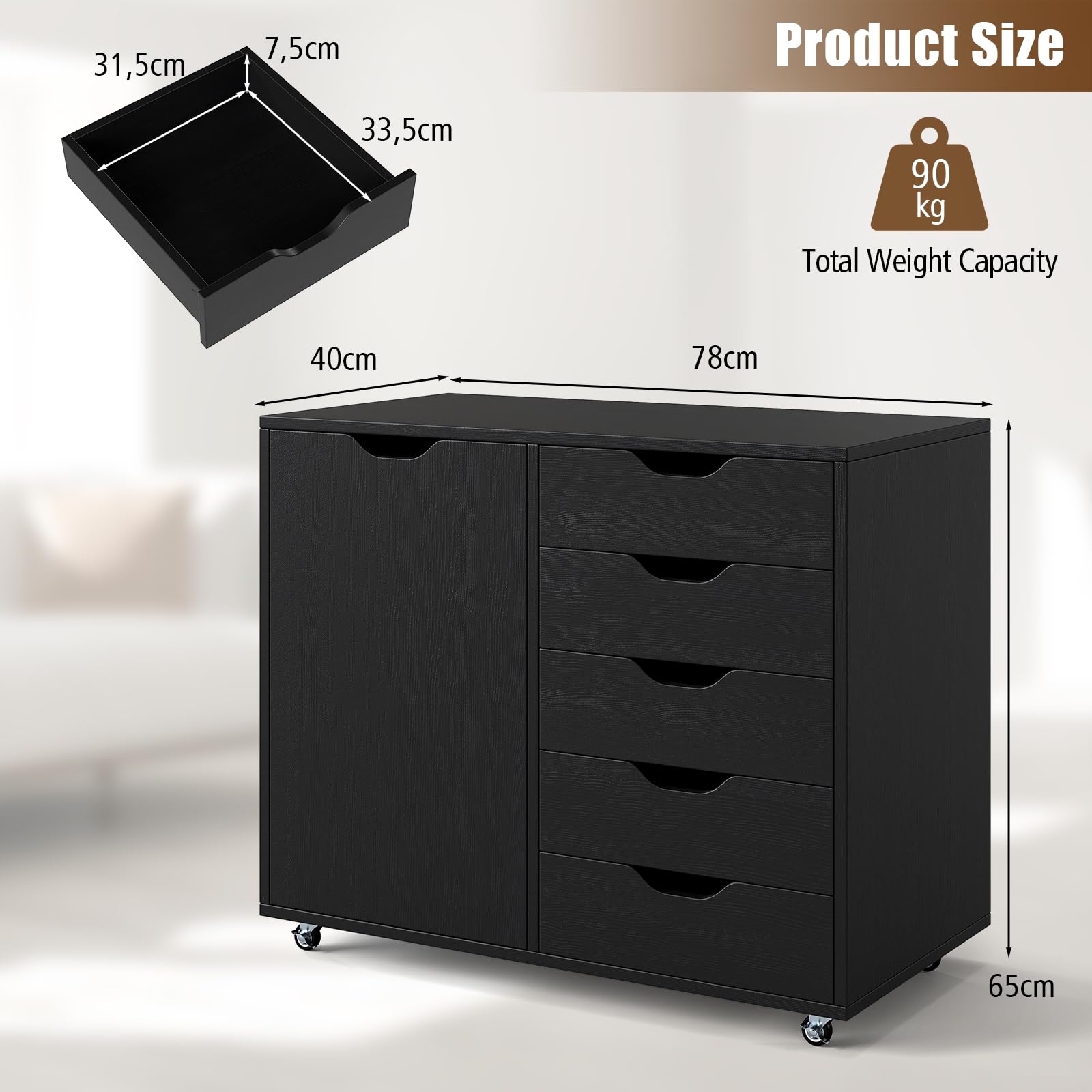 RELAX4LIFE Cassettiera Ufficio con 5 Cassetti e Armadietto, Guide Metalliche, Schedario Portadocumenti con Anta e Ruote, Mobile Porta Stampante per Ufficio, Casa, 78x40x65 cm (Nero)