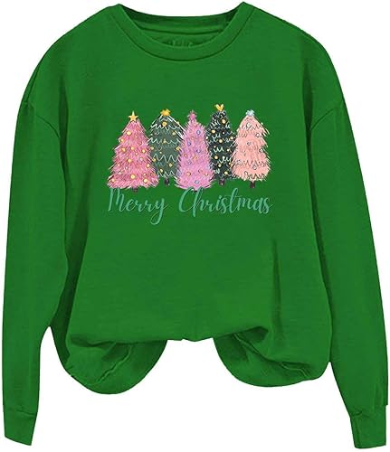 Pink Green Bright Christmas Tree Sweatshirt Crewneck Tops Merry Christmas Fleece Shirts Holiday Xmas Vacation Apparel