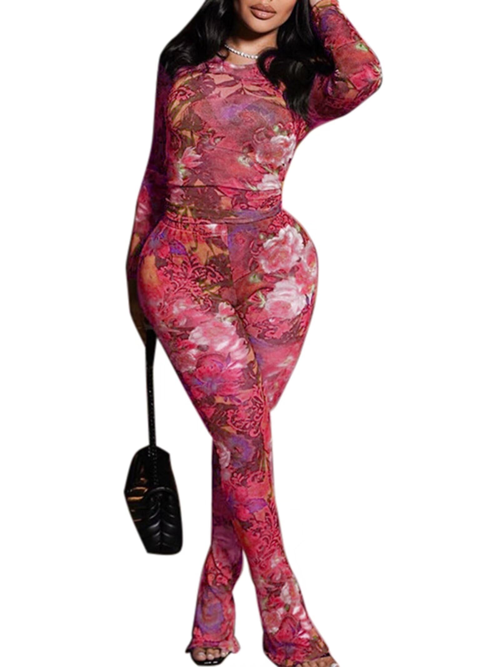 Two Piece Sets for Women Floral Print See Through Mesh Long Sleeve Crop Tops and Pants Sets Jumpsuits Club Outfits