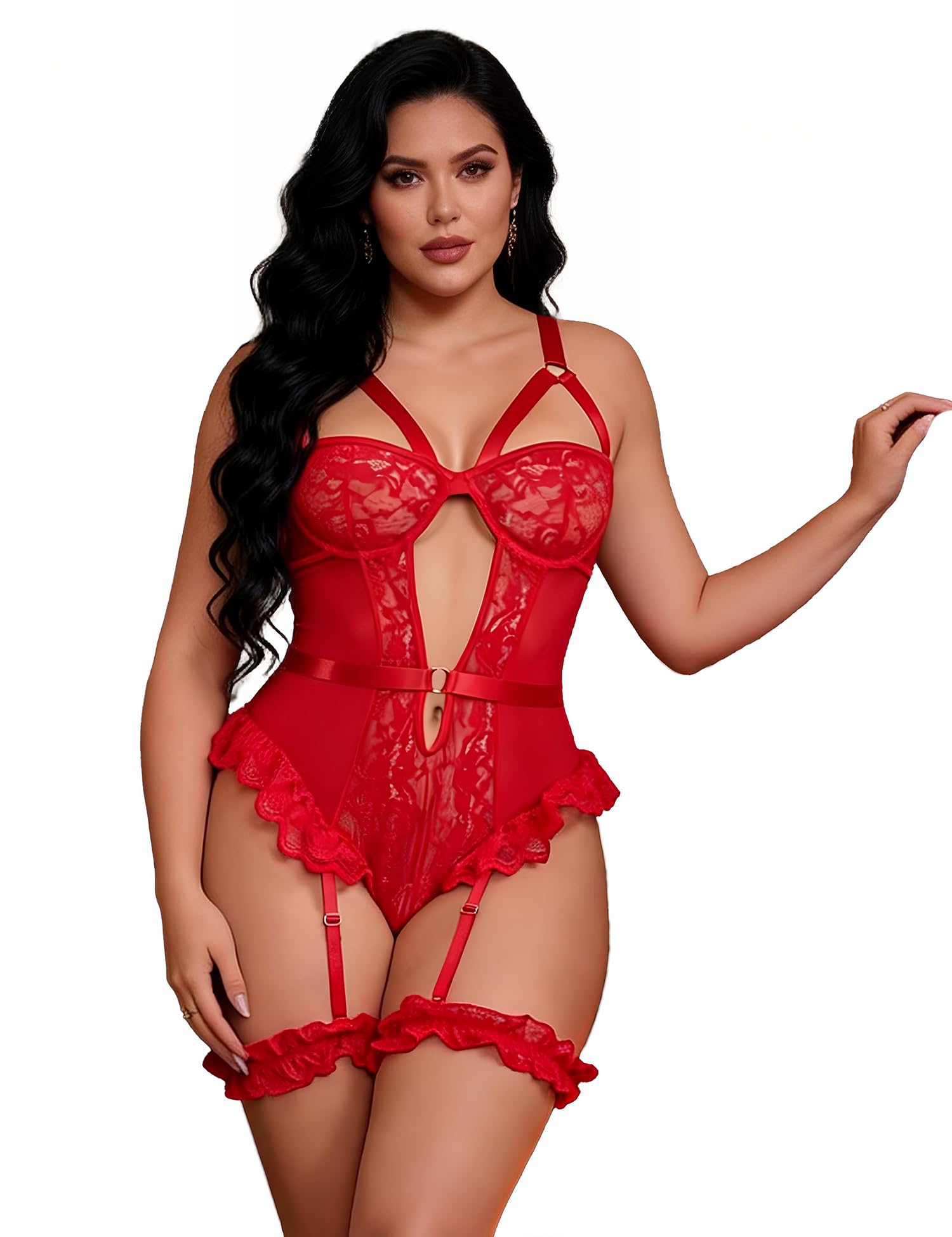 ohyeahlady Dessous Damen Sexy Reizwäsche Große Größen Spitze Body Babydoll Negligee Lingerie Sexy for Women Mollig Erotische Unterwäsche Catsuit Stringbody mit Druckknöpfen Clubwear Party Rot,XS-S