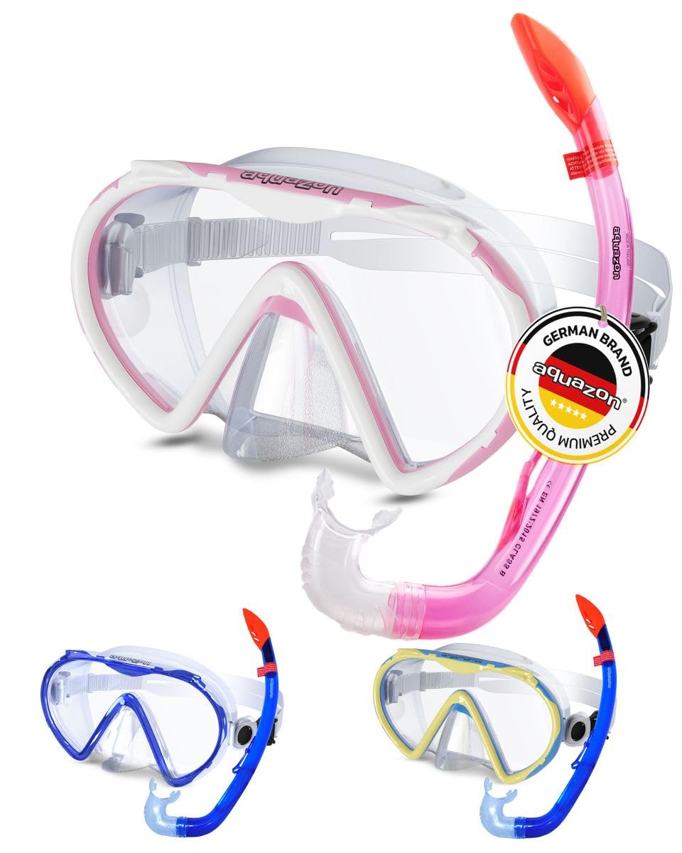 AQUAZON Korfu Hochwertiges Schnorchelset, Tauchset, Schwimmset, Schnorchelbrille mit Tempered Glas, Schnorchel mit semi Dry top für Kinder, Jugendliche Von 7-12 Jahren