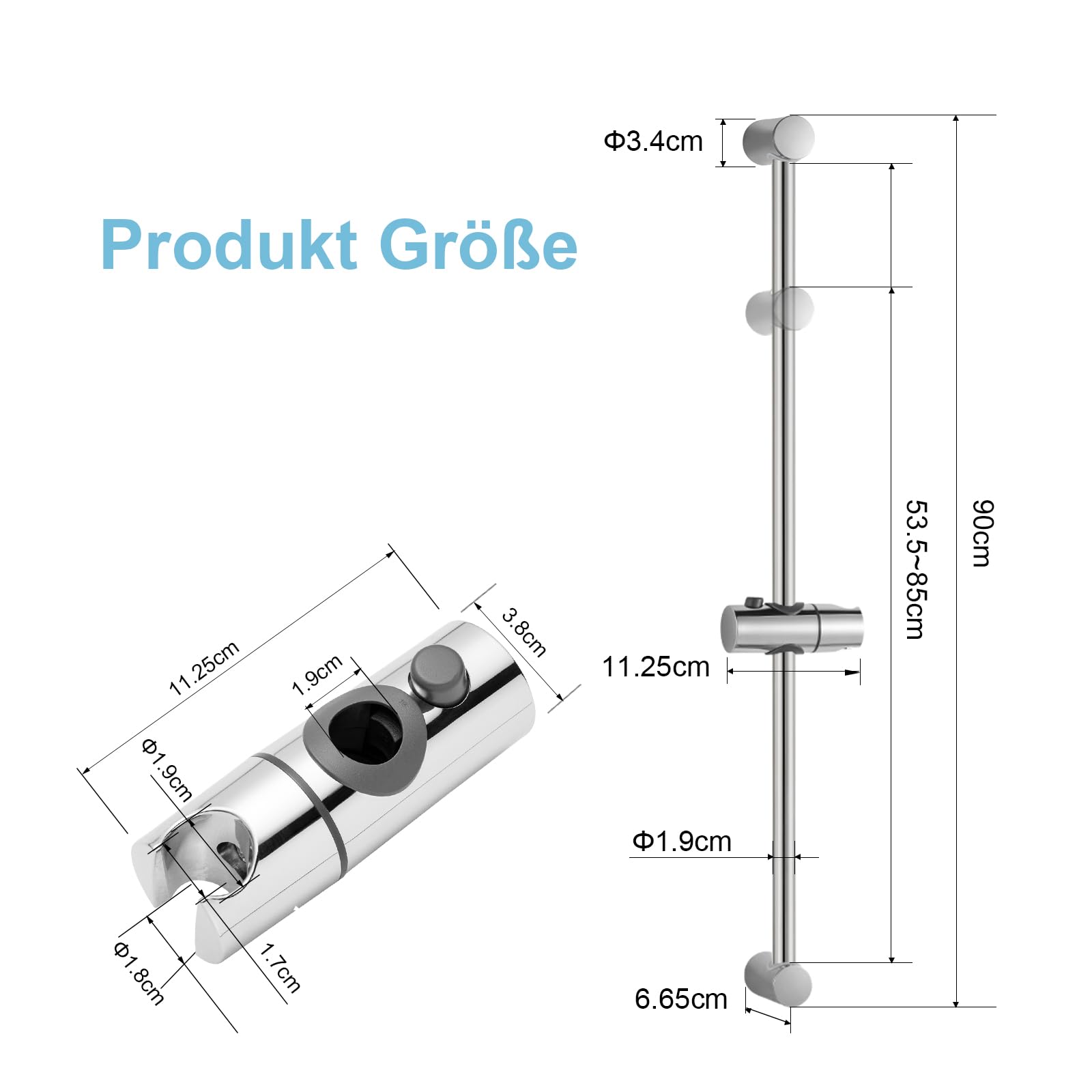 OFFO Duschset Duschstange Brausestange 90cm,Wandmontierte Duschstange mit Duschbrausehalterung, Verstellbarer Abstand, Anpassung an vorhandene Bohrlöcher, Chrom