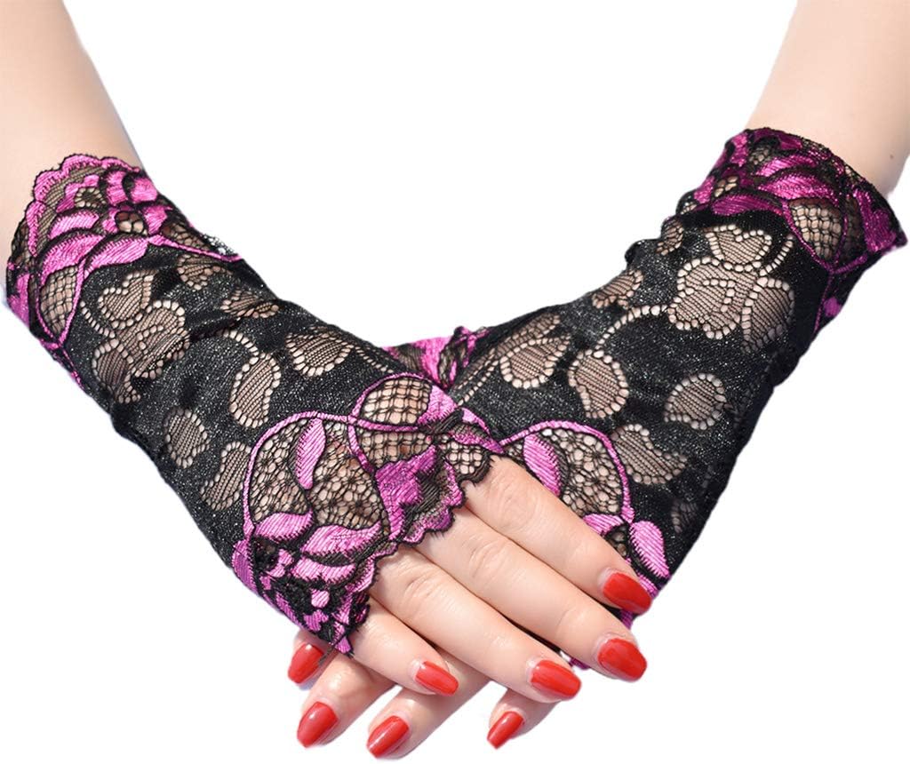 RK-HYTQWRRK-HYTQWR Women Thin Sunscreen Fingerless Gloves Hollow Floral Lace Contrast Color Mittens,Rose Red Lace Sunscreen Half Finger Gloves,Rose Red