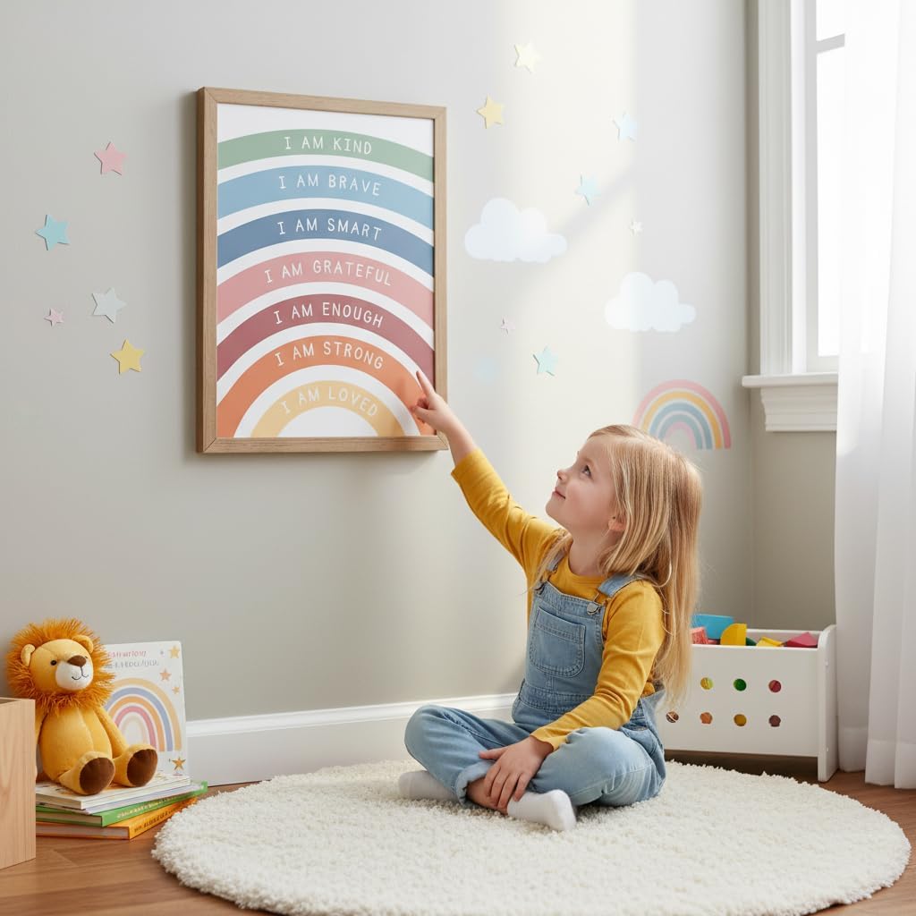 Framed Boho Rainbow Positive Affirmation Canvas Wall Art,I Am Kind Inspirational Quote Poster Prints for Kids Girl Nursery Room Classroom Playroom wall Decor 12x16in Ready to Hang