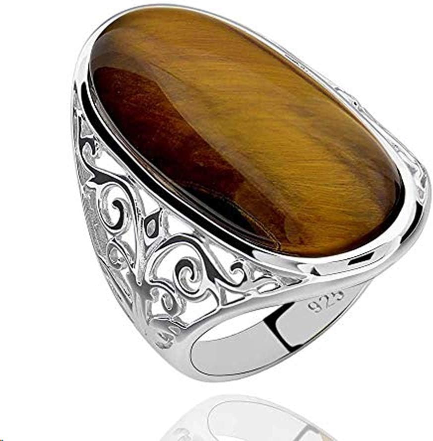 Tiger Eye Stone Statement Ring for Women 925 Sterling Silver Gemstone Magnificent Oval Shaped Tiger Eye Solitaire Ring Mothers Day Gifts for Mom Christmas Birthday Jewelry Gifts for Wife Grandma