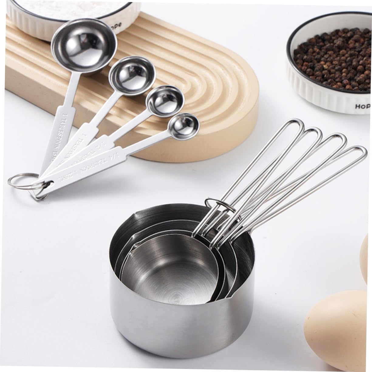 8 piezas Cucharas y Tazas Medidoras de Cocina de Acero Inoxidable con Grabado Diseño Apilable y Gancho Especias y Repostería Utensilios Precisos y Duraderos