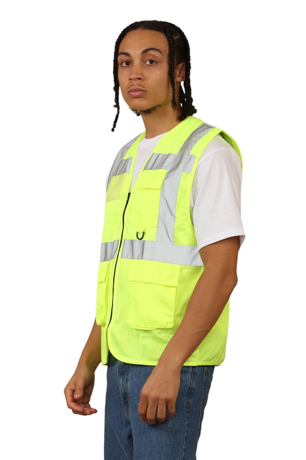Gilet di sicurezza da uomo ad alta visibilità, ad alta visibilità, senza maniche, con tasche, scomparto per documenti, portapenne, anello per chiavi e nastro riflettente