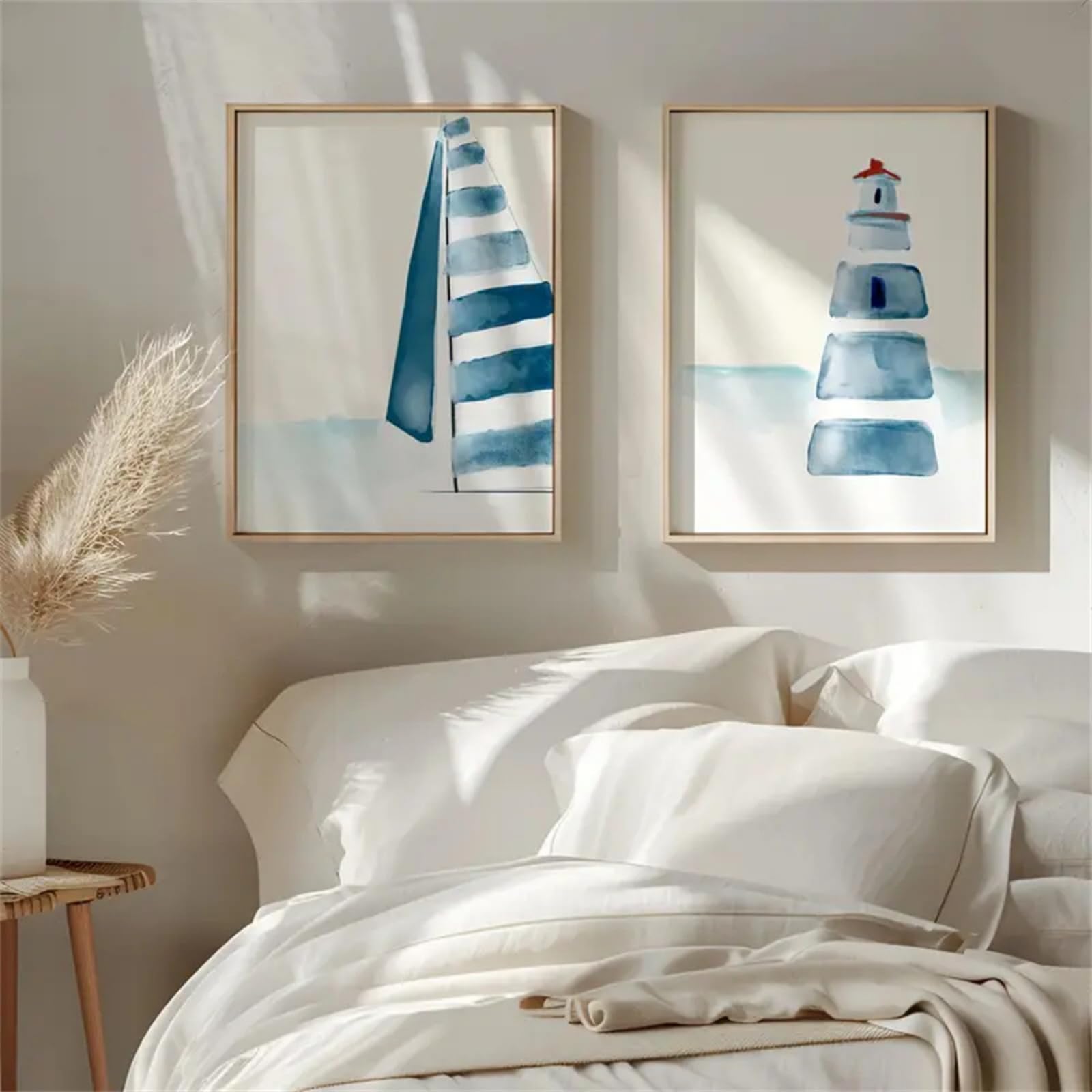 ZBELLO 2 Piece Watercolor Sailboat Lighthouse Canvas Posters, Blue Coastal Nautical Wall Prints, Neutral Kids Bedroom Beach Wall Art, Unframed (50x70cm)