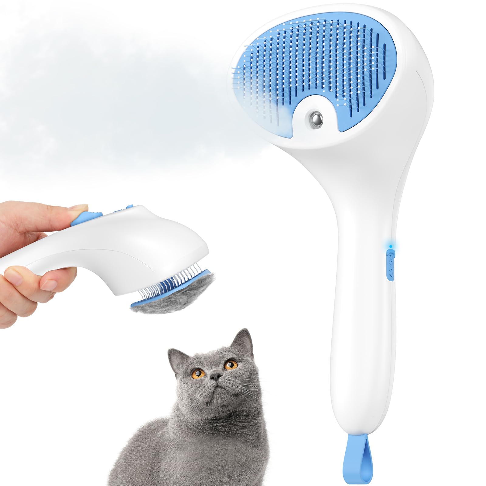 Euqvunn Cepillo a Vapor para Gatos con Botón de Liberación, [Diseño Ultra-Silencioso/Mango Ergonómico] Cepillo gato Vapor Recargable para Mascotas, Cepillo para Gatos y Perros