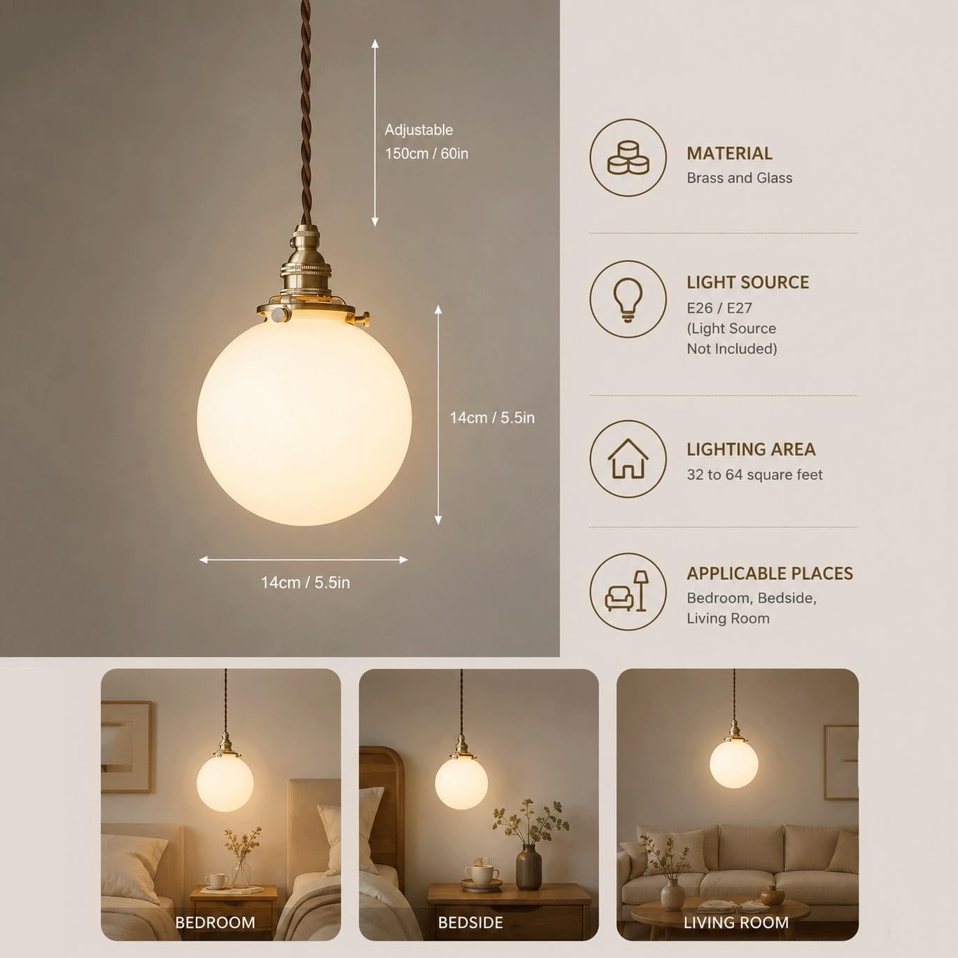 Lampada a sospensione vintage a forma di globo in vetro in ottone, lampada a moderna in bianco metà secolo, da soffitto retrò con cavo regolabile for comodino, isola cucina, sala pranzo, 5,5"