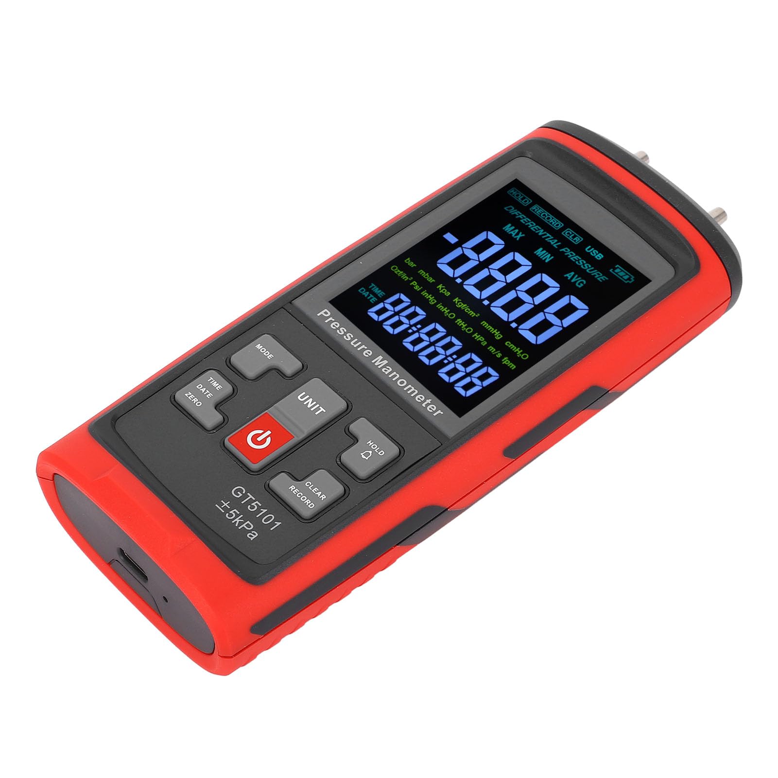 Differential Pressure Meter ±5kPa LCD Backlit Display 2 Port Digital Manometer Gas Pressure
