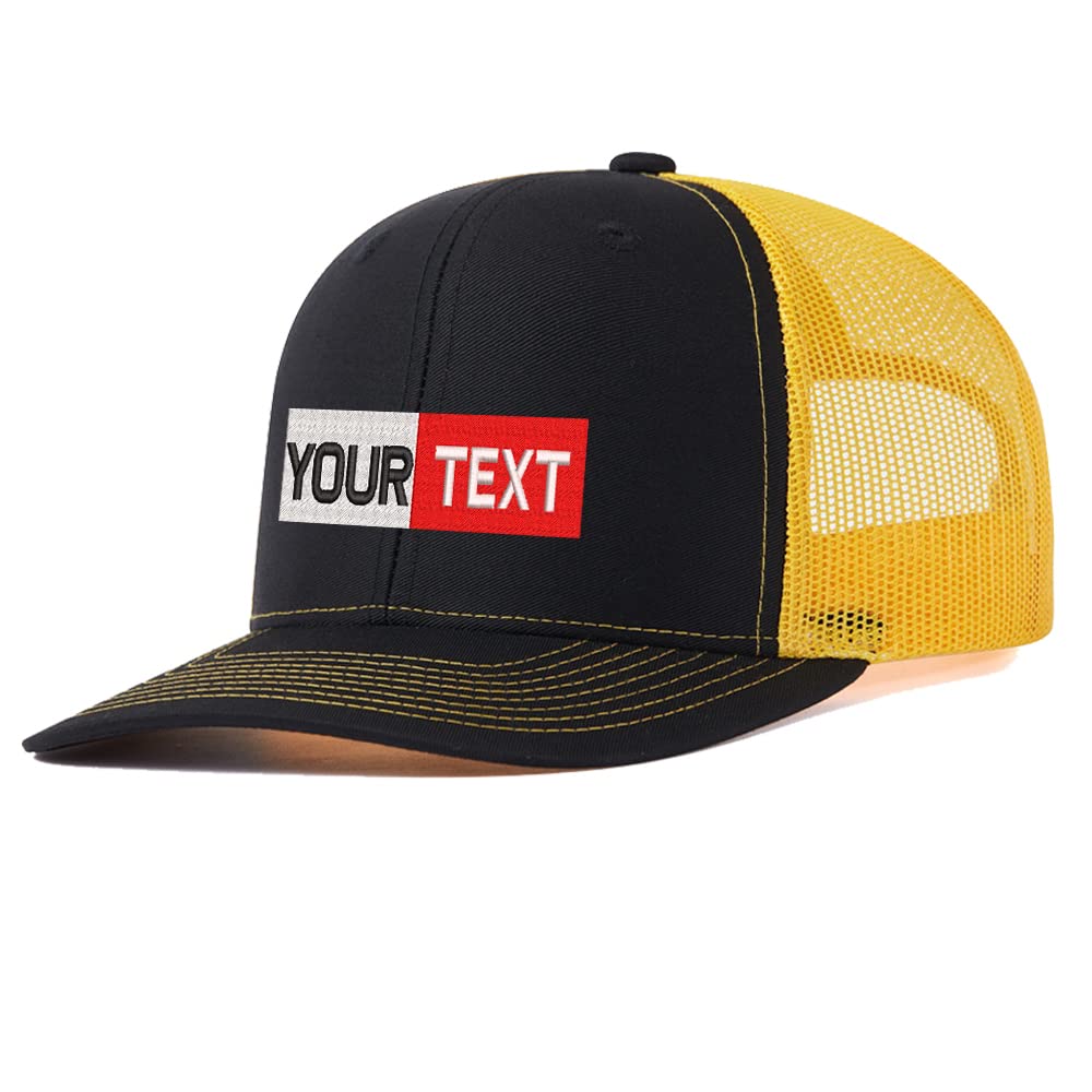 Personalized Baseball caps Custom Embroidered Adults Unisex Embroidered Adjustable 112 Trucker Caps or Hats with Text & Logo Black Yellow