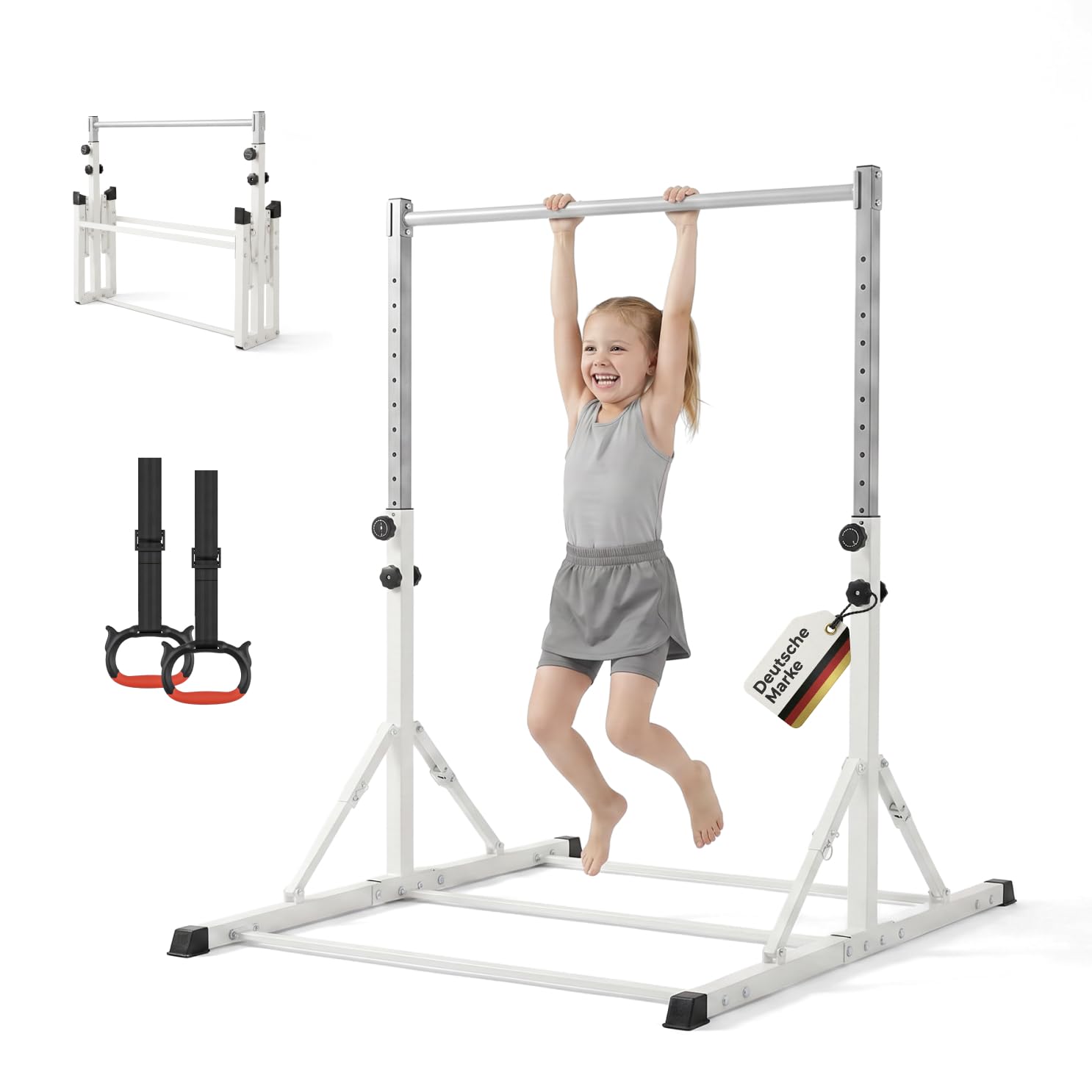 Parex Kinder Turnreck höhenverstellbar – Stabiles Indoor & Outdoor Gymnastikreck mit Turnringen, Reckstange aus echtem Buchenholz oder Metall, Turnstange für Kinder & Jugendliche, Belastbar bis 130kg