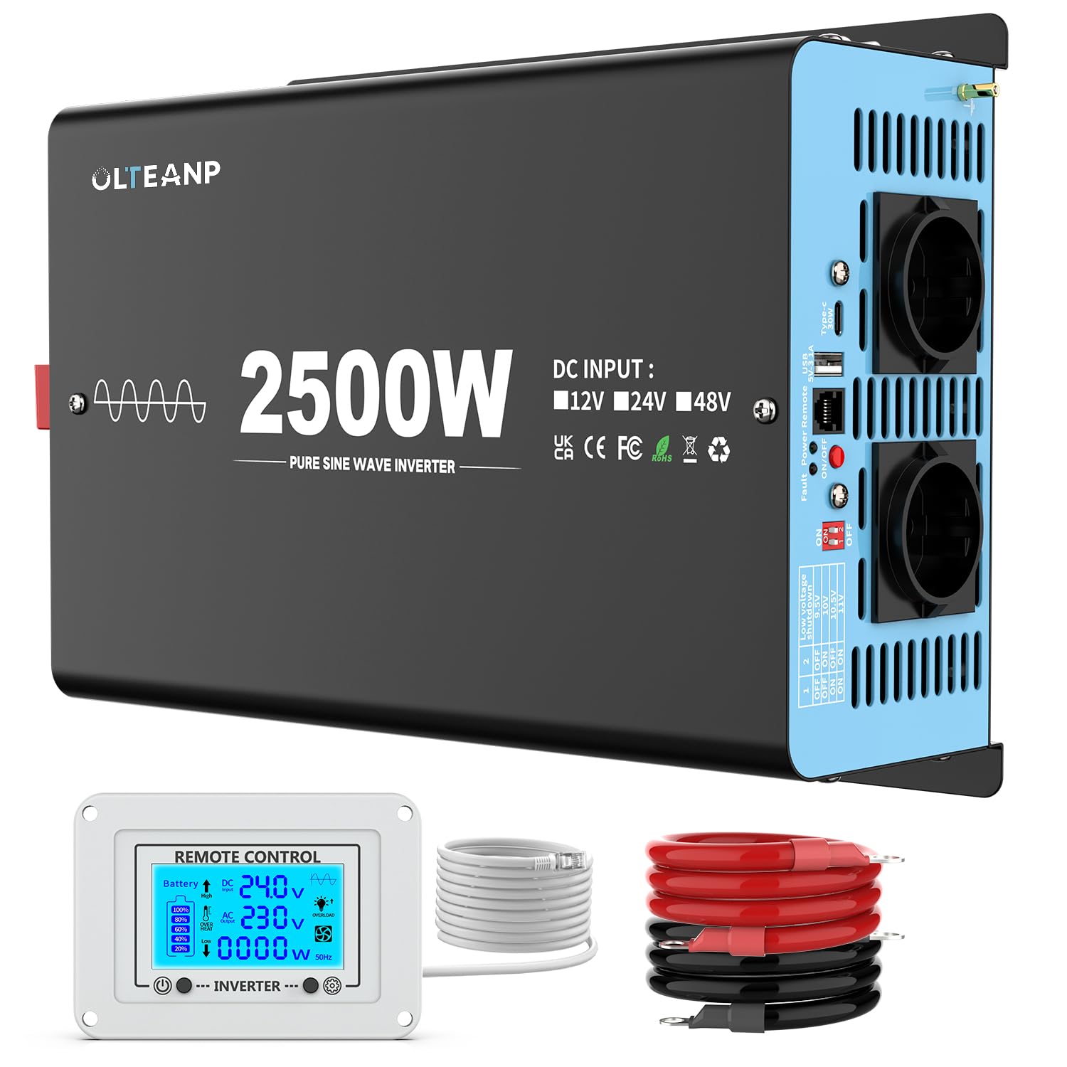 OLTEANP 2500W Spannungswandler 24v auf 230v Reiner Sinus Wechselrichter -Power Inverter Konverter mit 2 AC-Ausgängen, USB&Type-C Anschluss, für LKW, Fahrzeug,Fernbedienung mit LCD-Bildschirm