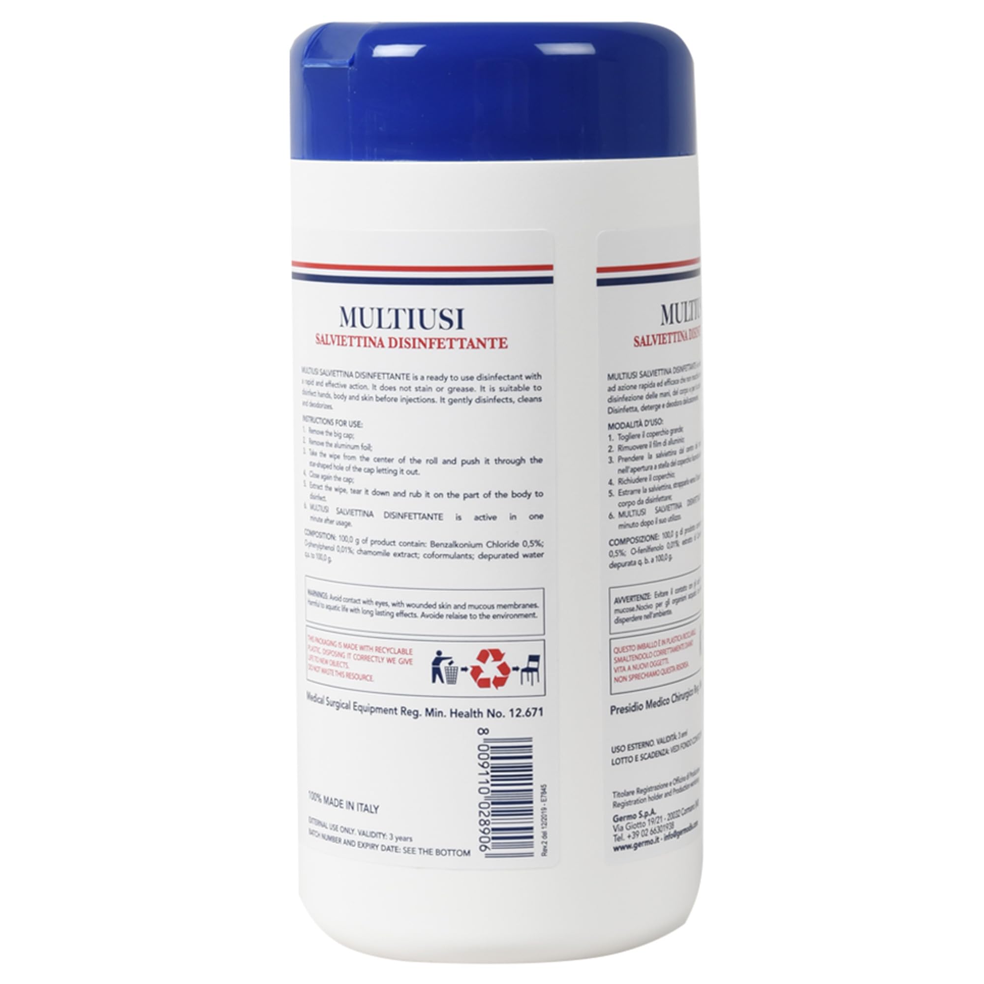 Germo Q360 - Fazzolettini Disinfettanti, Barattolo da 100 Salviettine