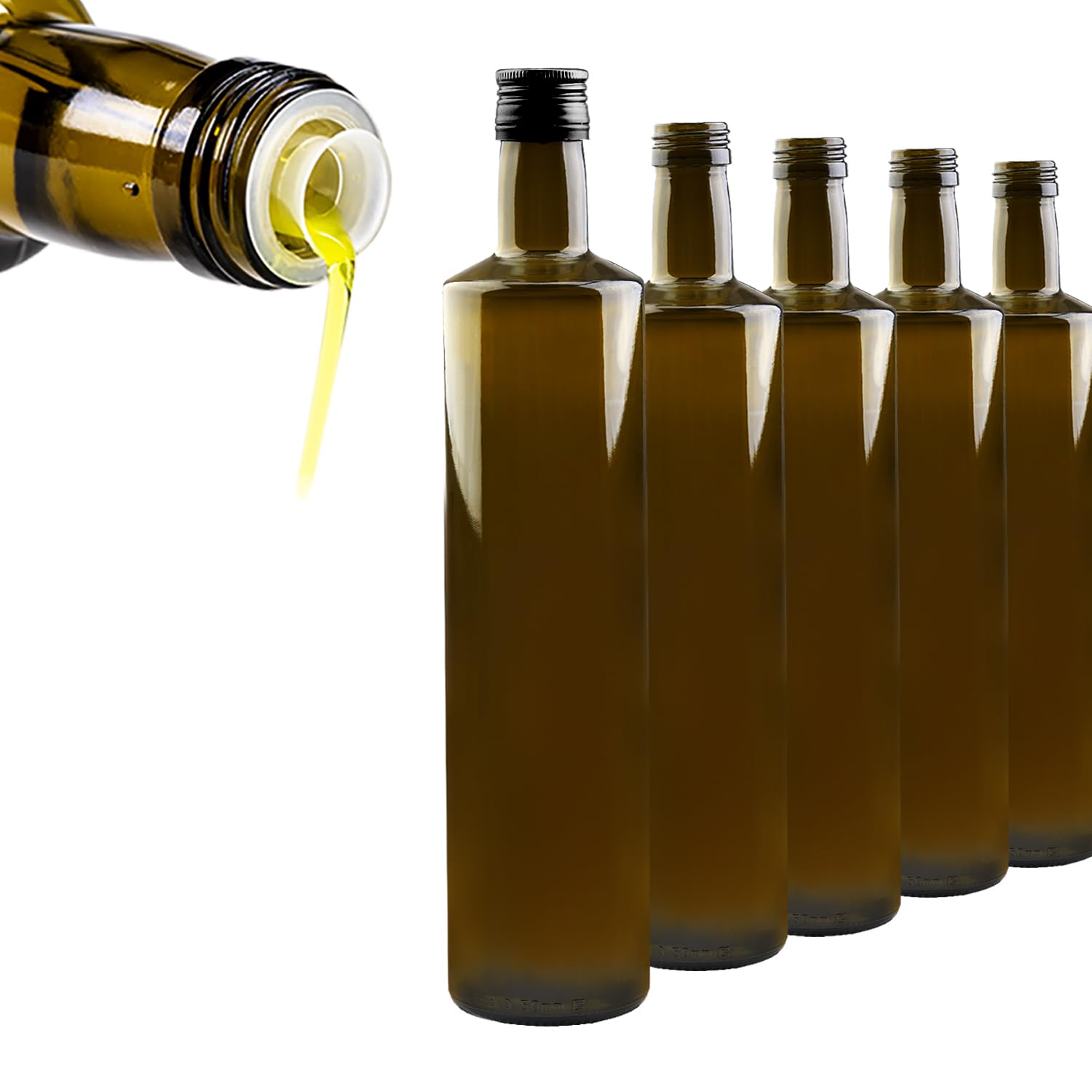 Botella de cristal de 750 ml, color verde oliva, botella de aceite, vinagre y botella multiusos, botella de cristal vacía para cocina, gastronomía (40 boquillas antigoteo)