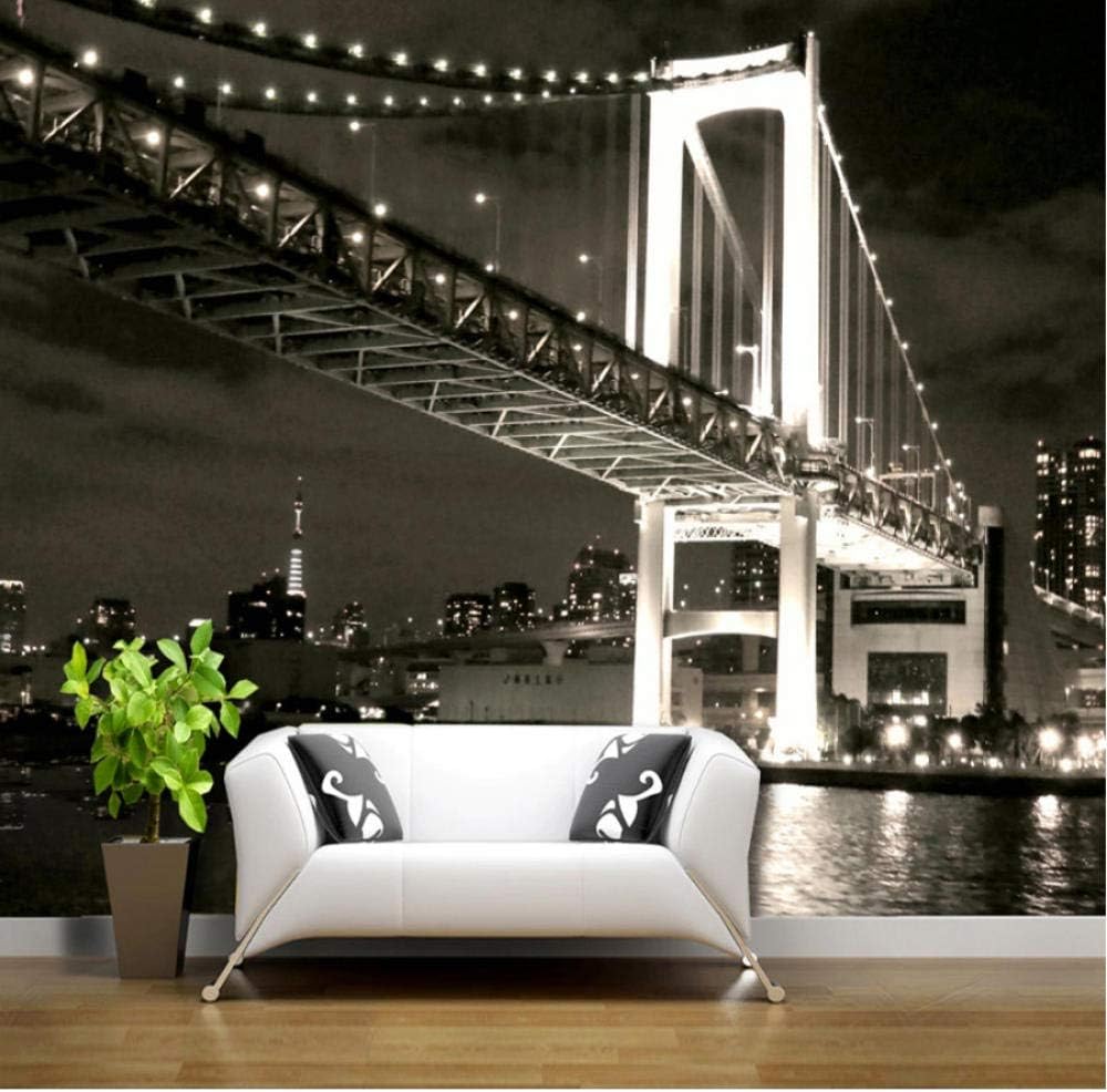 Clhhsy 激安セール 3dアートの壁紙 シティナイトビューブリッジ白黒クラシック3d写真壁紙リビングルームベッドルームレストランバーカフェ背景 カスタム壁画 450x300cm