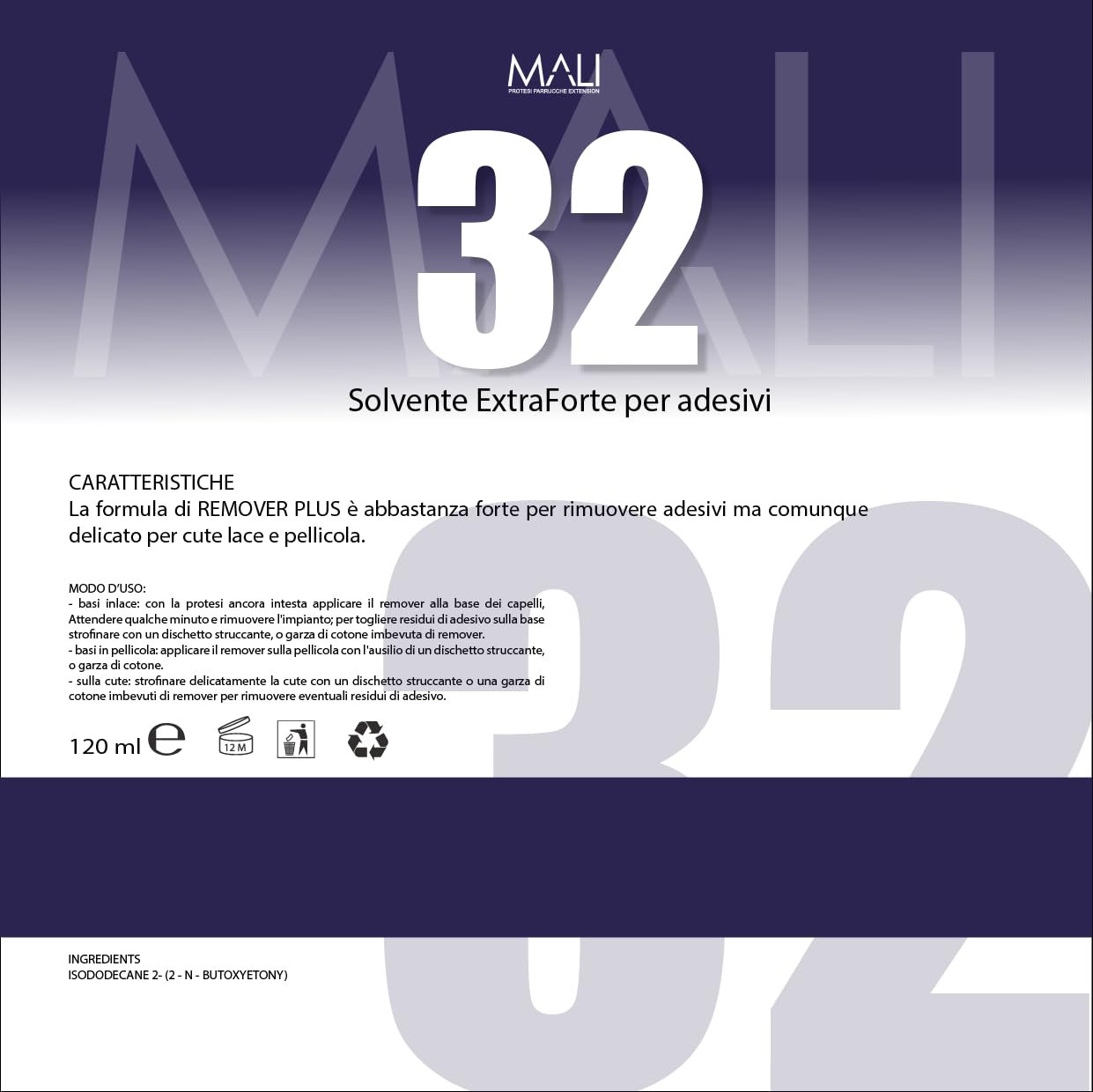 Solvente Extraforte per Adesivi, Protesi capillare e Patch cutannea, 120 ml - Mali 32