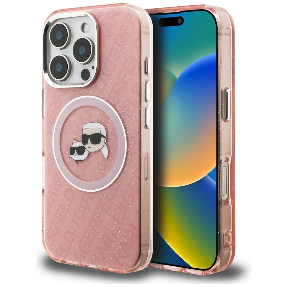 CG MOBILE Karl Lagerfeld IML Glitzer Karl & Choupette Köpfe Logo kompatibel mit MagSafe Hülle für iPhone 16 Pro Max (Rosa)