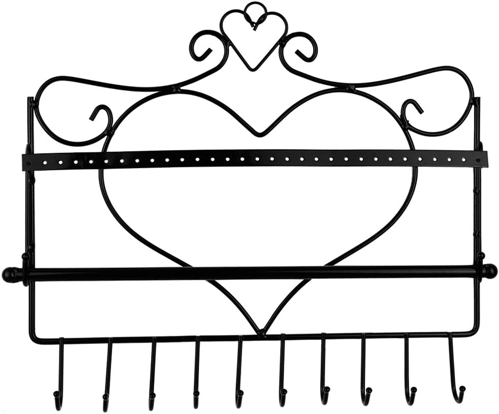 Rbenxia Wall Mount Heart Shape Jewelry Organizer Hanging Earring Holder Necklace Jewelry Display Stand Rack Black