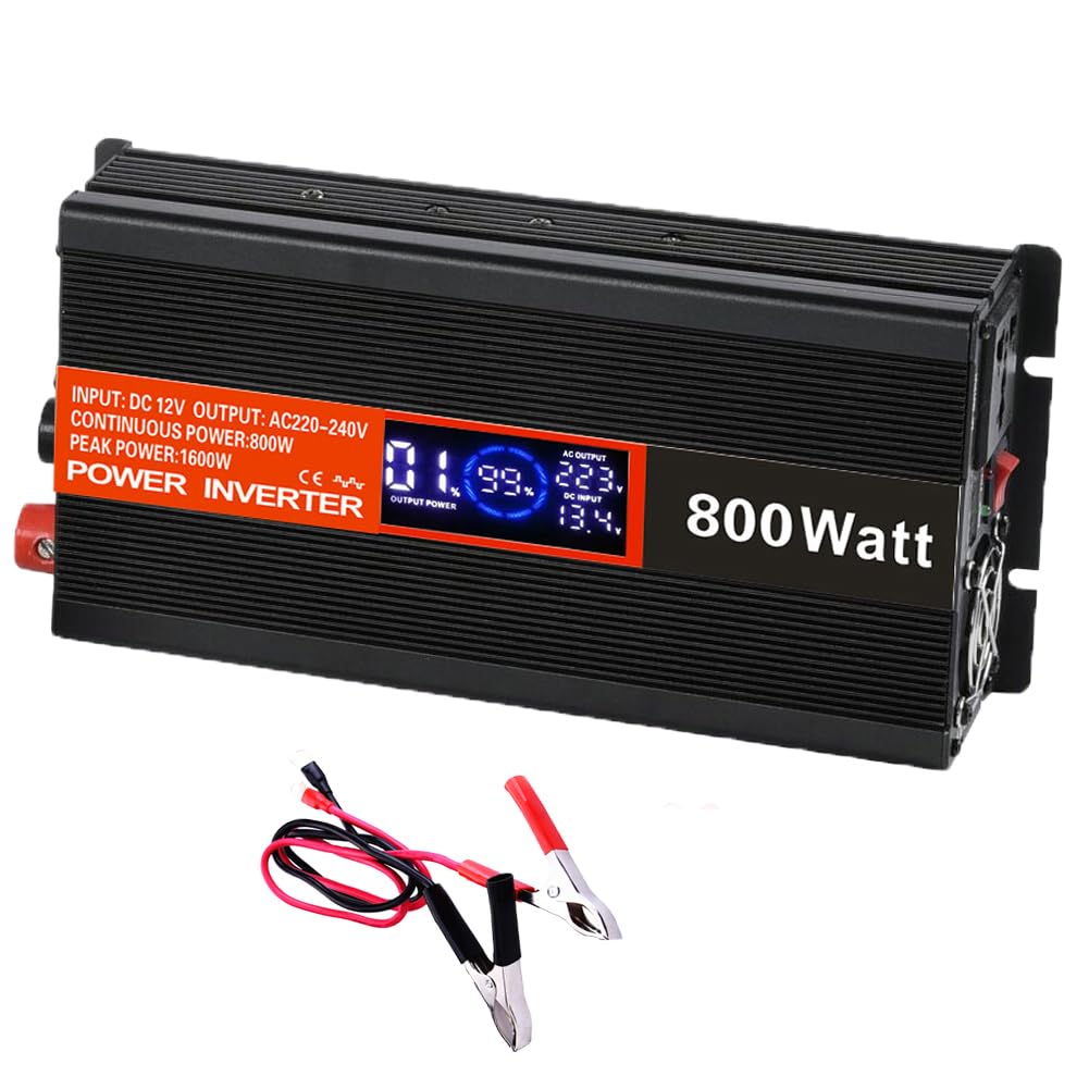 SolaMr 800W Inversor de Corriente DC 12V a AC 220V/240V con Pantalla LCD y Puertos de Carga USB Convertidor para Sistema Montado en Vehículo y Acampada Salvaje- 800W