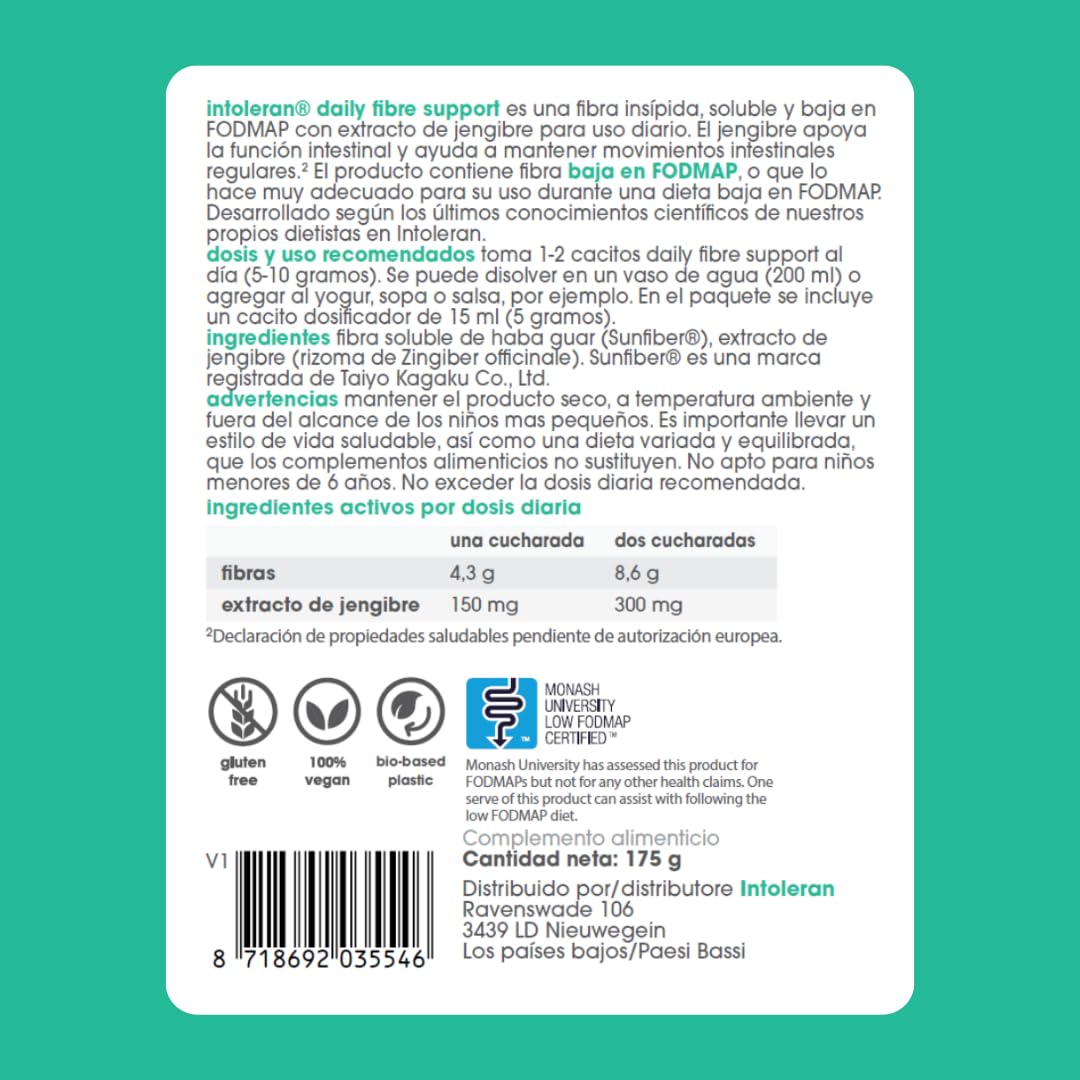 Intoleran Daily Fibre Support - 175 gramos Extracto de guar y jengibre | Complementa la ingesta diaria de fibra y favorece el funcionamiento intestinal | Deposición regular | Sin sabor | 100% soluble