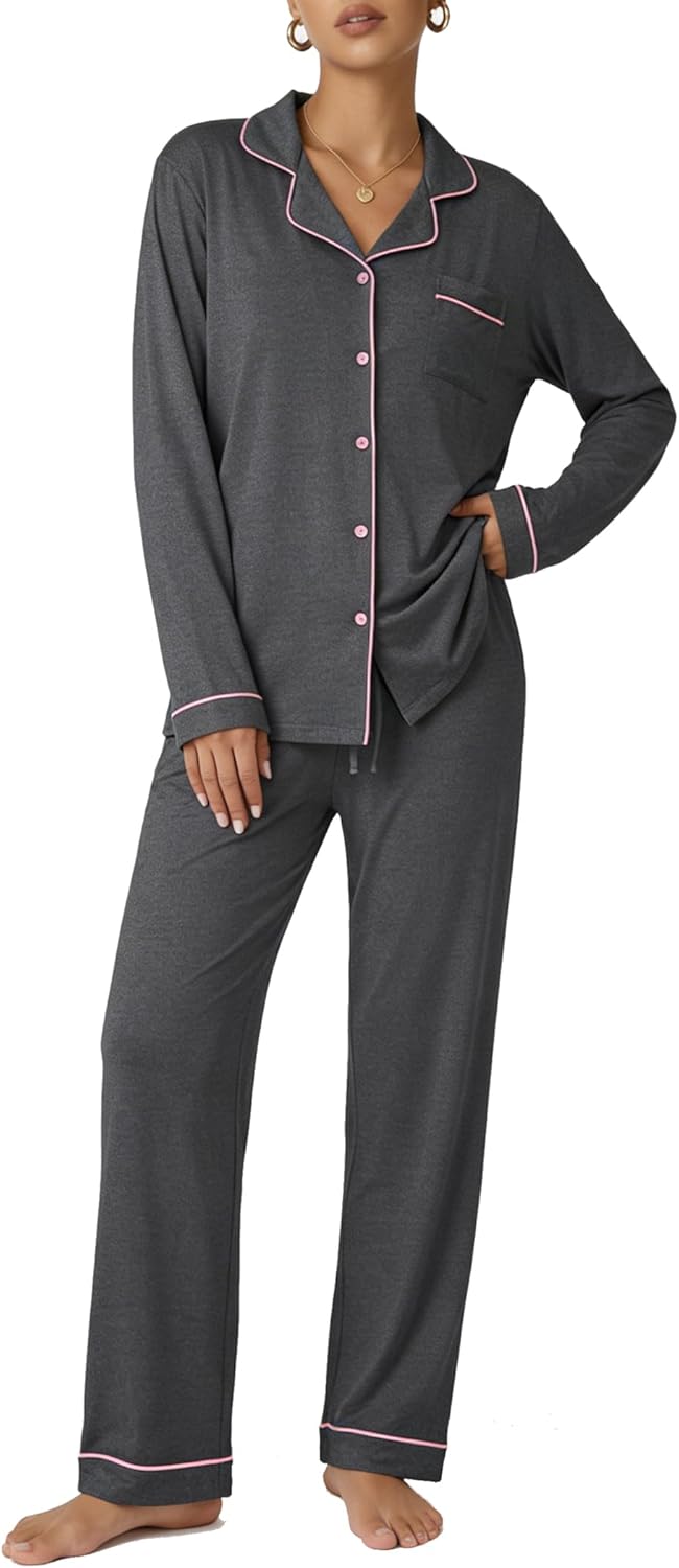 Ekouaer Pajamas Women's Long Sleeve Sleepwear Soft Button Down Loungewear Pjs Lounge Set Nightwear XS-XXL