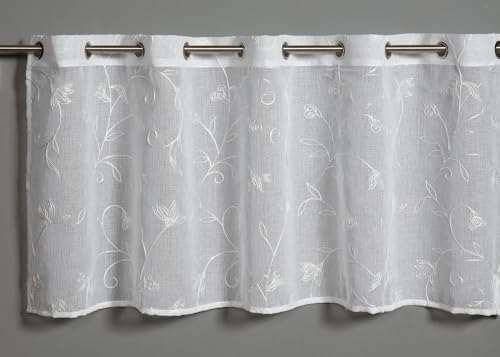 Sehlbach Tenda bistrot con ricamo di viticci floreali, Bianco, 135 x 50 cm, Ricamo di viticci floreali, Traslucida, Certificato Oeko-Tex, Facile da fissare