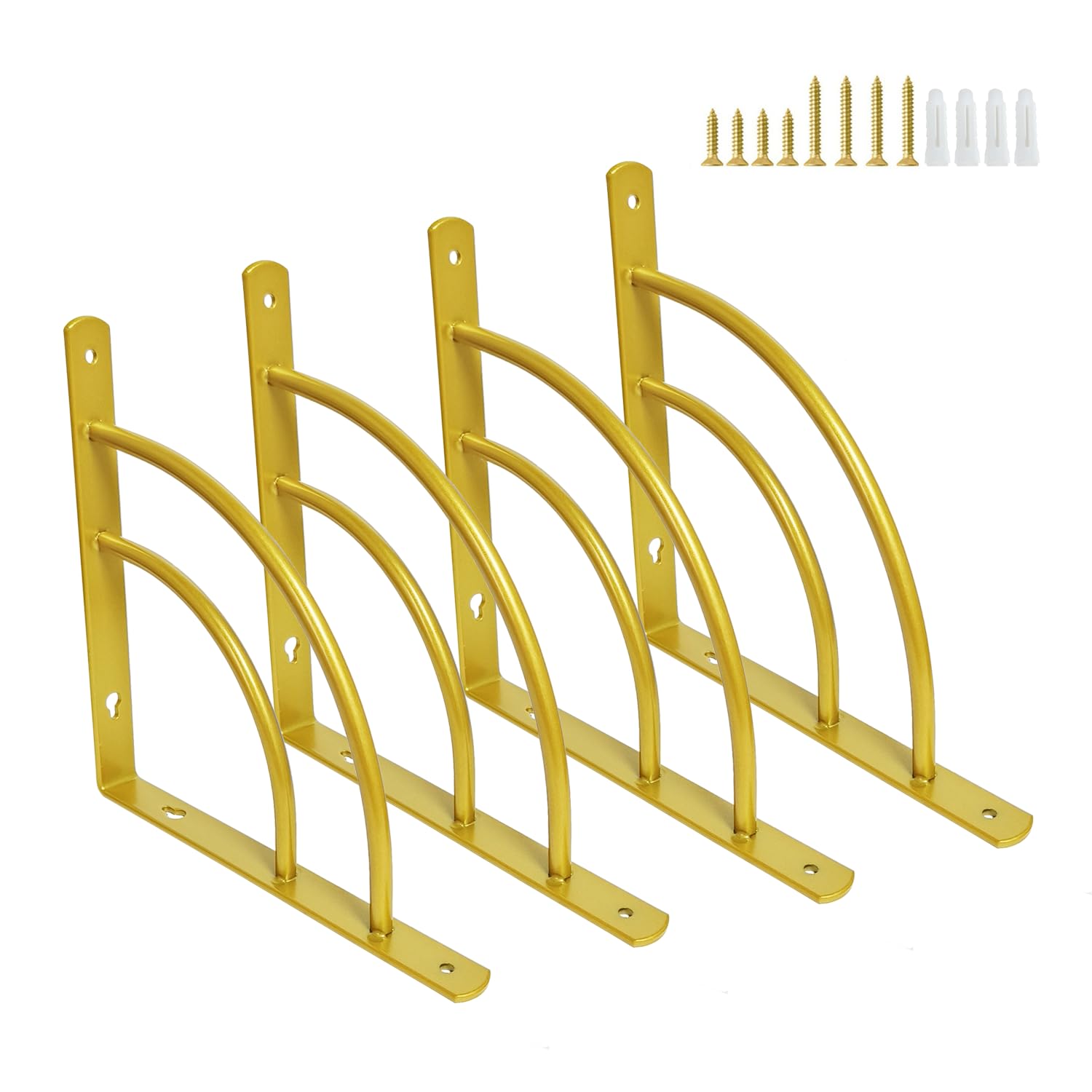 Z metnal Gold Shelf Brackets, 200mm Triangle Shelving Brackets, Wall Mounted Shelf Supporters for Scaffold Board, Modern Brass Metal Corner Brace for DIY Shelving, Double Arc Line Wall Decor, 4 Pcs