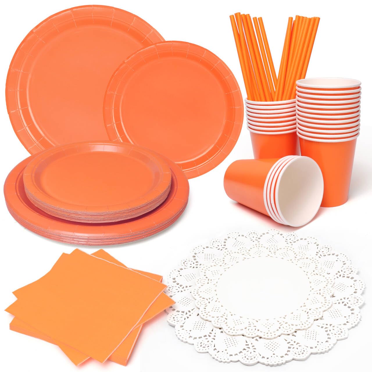 PARTY GO 170PC Orange Paper Plates Cups Napkins Straw, Paper Doilies