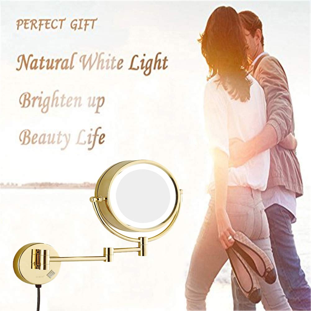Espejo de maquillaje de montaje en pared, Espejo de baño con Aumento de 3X de Doble Cara con Luz LED, Espejo de belleza plegable de Forma Redonda giratoria extensible de 360 °, trefilado de