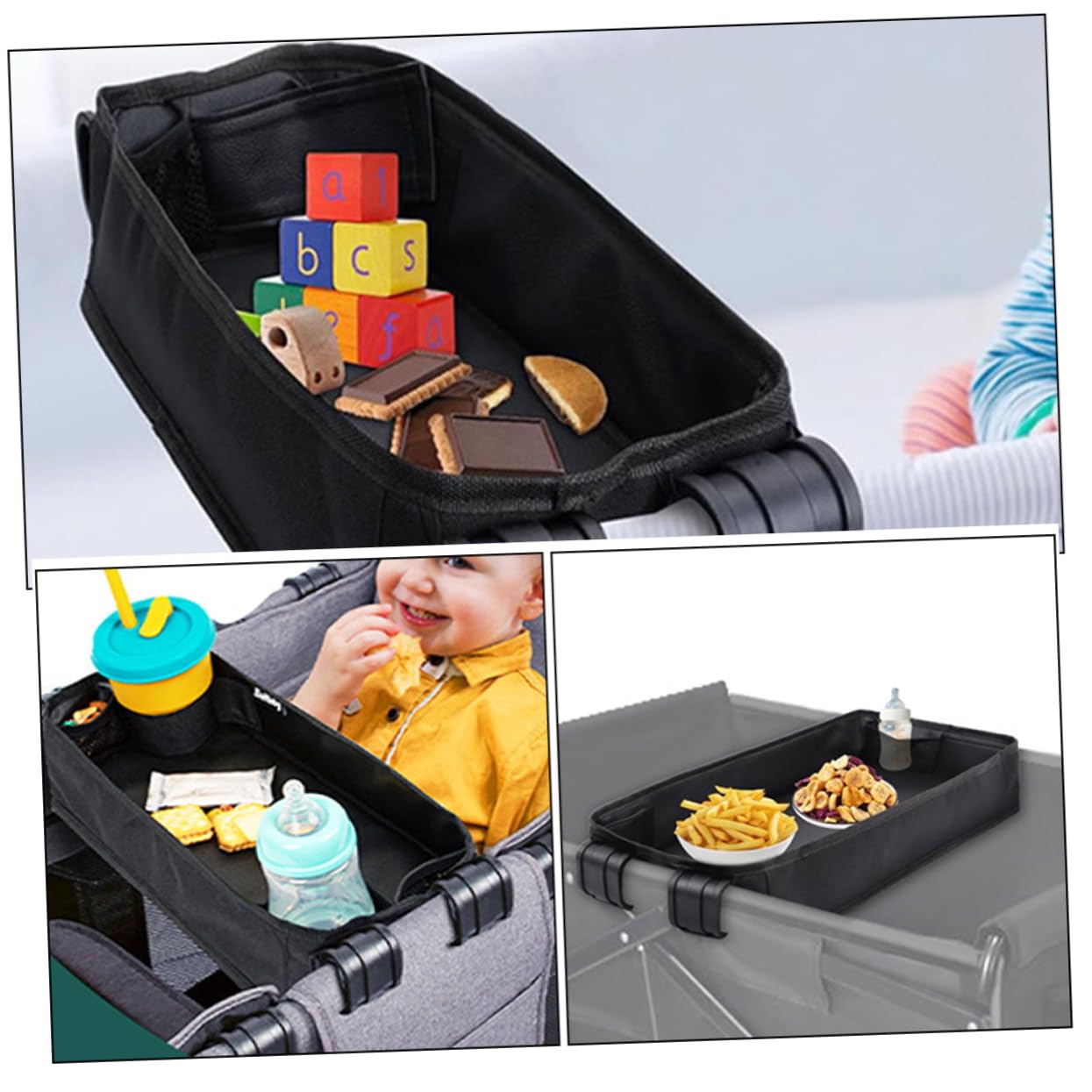 UPKOCH Plateau à Goûter Toile pour Poussette, Organisateur à Clipser Léger et Portable, Stabilité Renforcée Noir pour Voyage | Organisateur de Collations, pour Bébé et Tout-petit, Design Luxueux, Usage Voyage, Accessoire de Repas