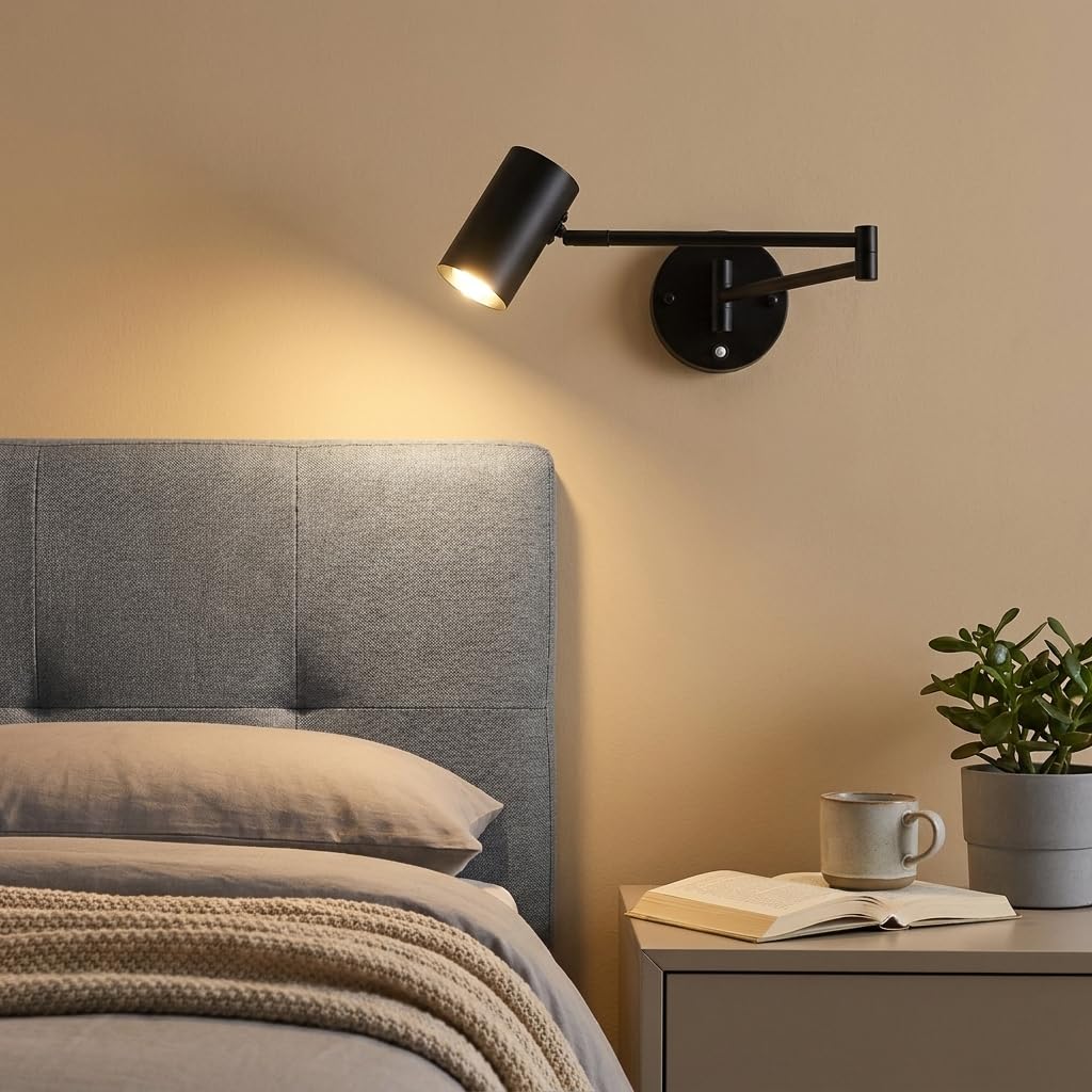 Alpinaluz Aplique da Parete con Interruttore Integrato, Braccio Estensibile Orizzontale e Testa Orientabile a 350°, Portalampada E27, Design Moderno in Ferro Nero per Illuminazione Interna in Camera