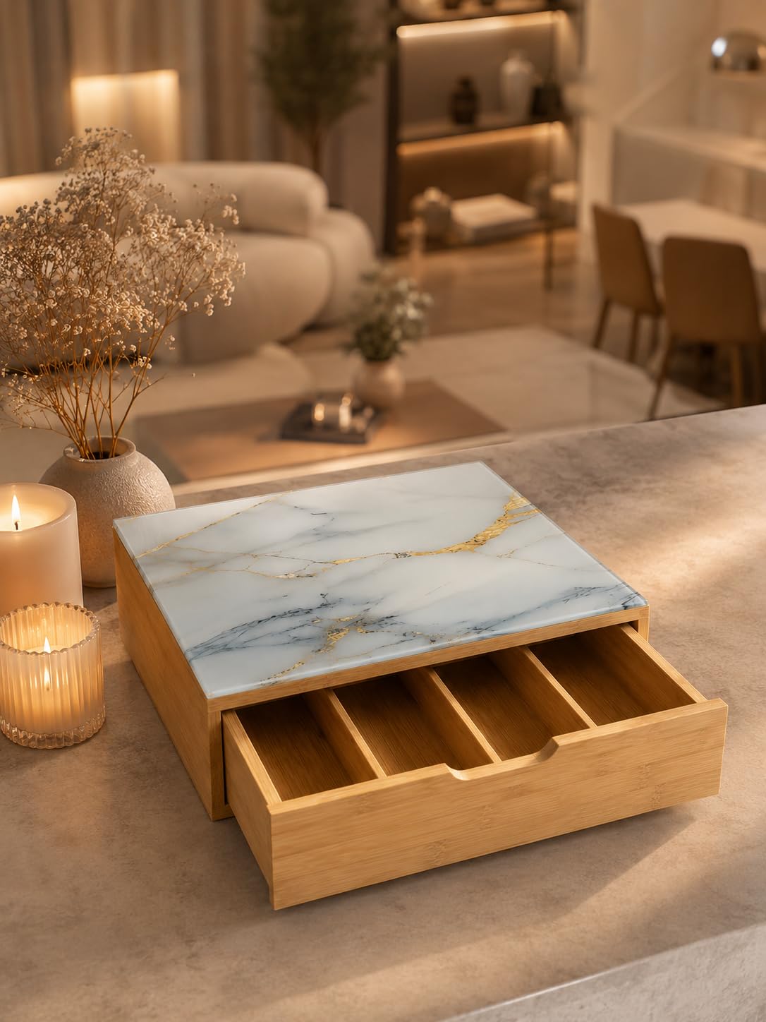 Cassetto Portacapsule in Bamboo con Piano in Vetro Effetto Marmo – Organizer Capsule Caffè 4 Scomparti, Porta Capsule e Cialde, Salvaspazio per Cucina e Coffee Station
