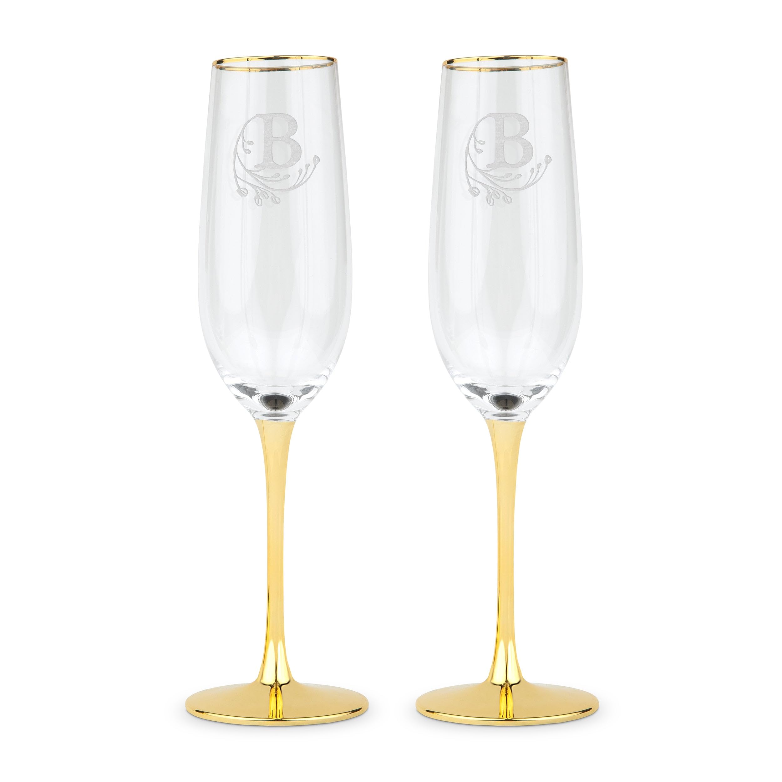 WEDDINGSTAR Customizable Gold Accented Champagne Flutes - Modern Fairy Tale Initial - Set of 2