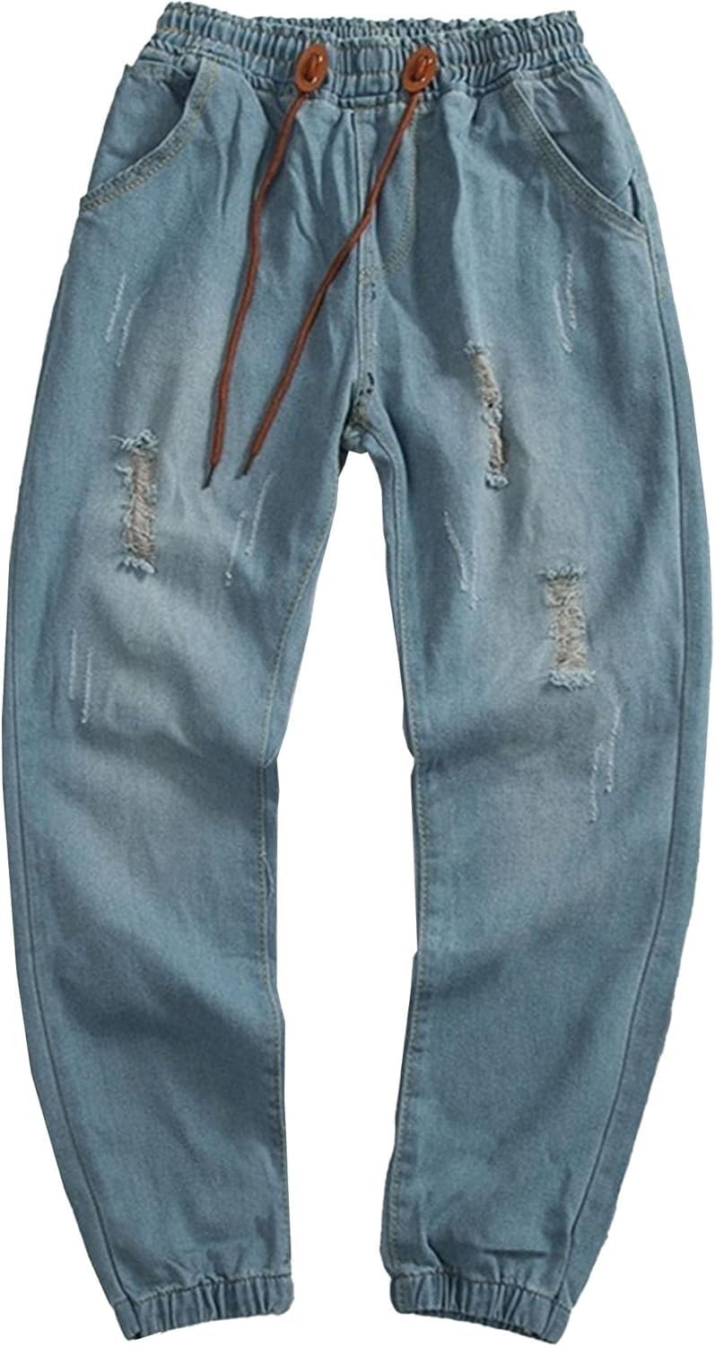 Mens Tapered Leg Jogger Jeans Streetwear Elastic Waist Drawstring Denim Pants Casual Cargo Jeans with Pockets