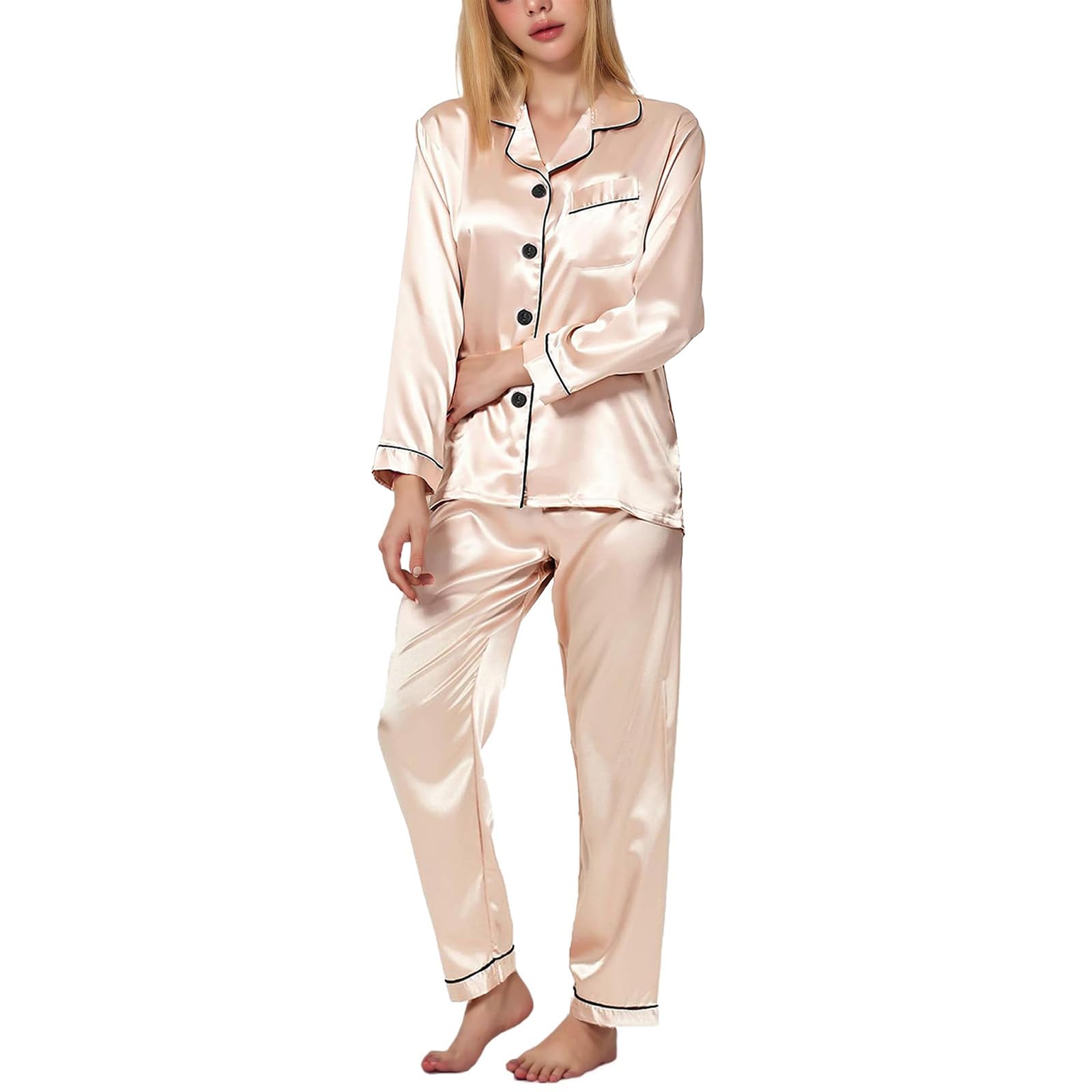 TANTOMI Satin-Schlafanzug für Damen, zweiteiliges Pyjama-Set mit Knopfleiste, kuscheligem V-Ausschnitt und Langen Ärmeln–ideal für gemütliche Nächte zu Hause