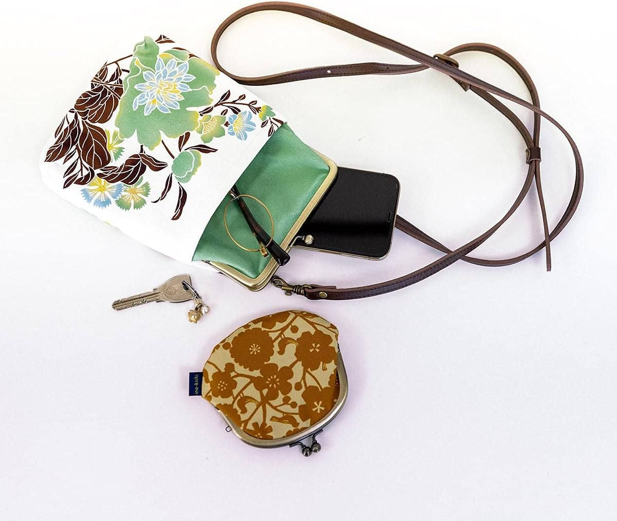 inokichi 4-Inch Vertical Gamaguchi Pochette, Purse Pochette, Japanese Modern, Phone Folder Smartphone Bag Smartphone Pochette, Temaribana Green,