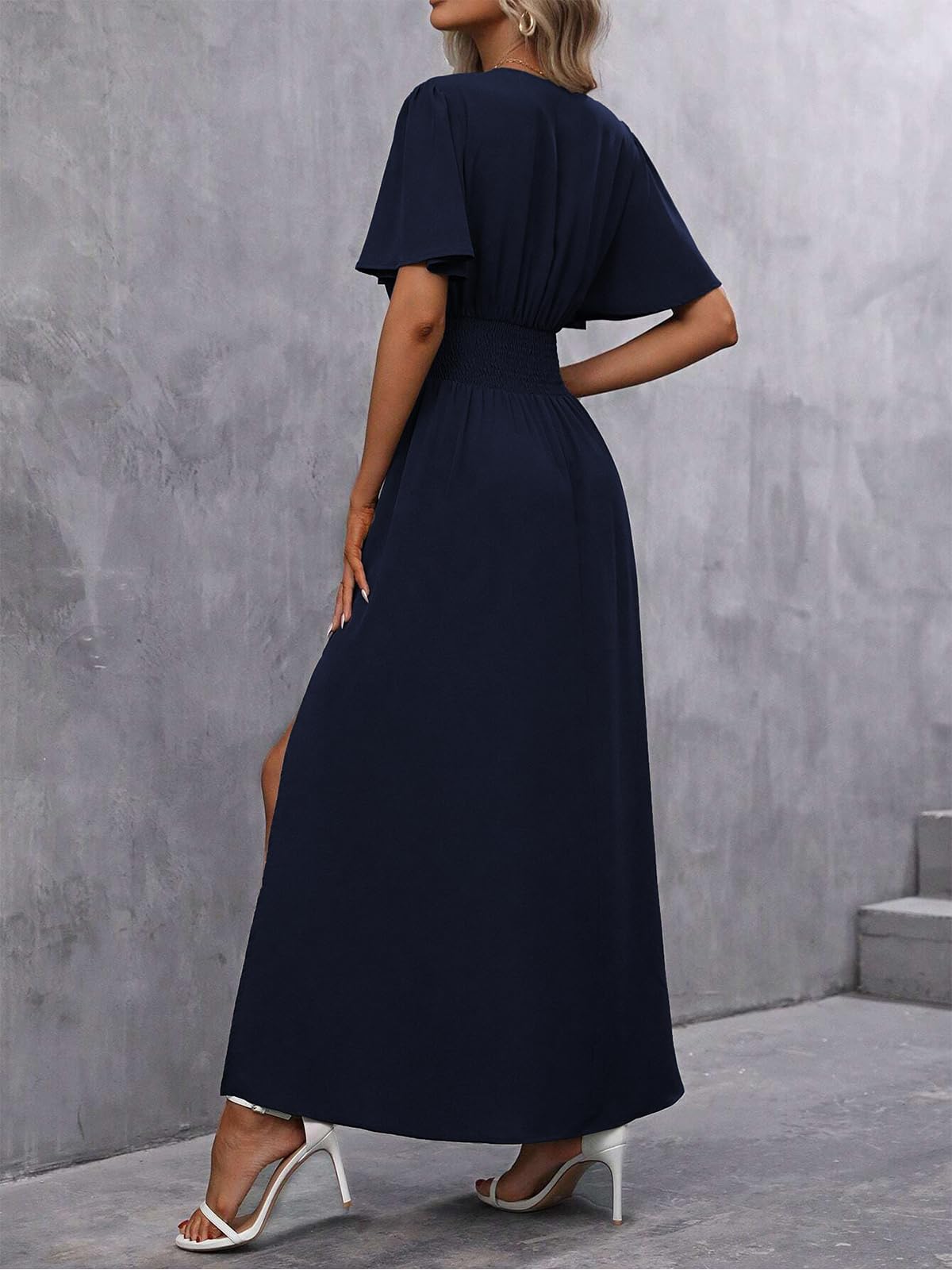 Damen Sommer Maxi Kleid V-Ausschnitt Schmetterlingsärmel Plissee Hohe Taille Schlitz Elegant Hochzeitsgast Langes Kleid