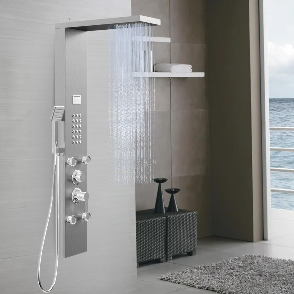 Colonna Pannello Doccia Chester-1 Cromo Spazzolata Acciaio 4 Funzioni Display Temperatura 4 getti lombari frontali 24 micro-ugelli Soffione Anticalcare