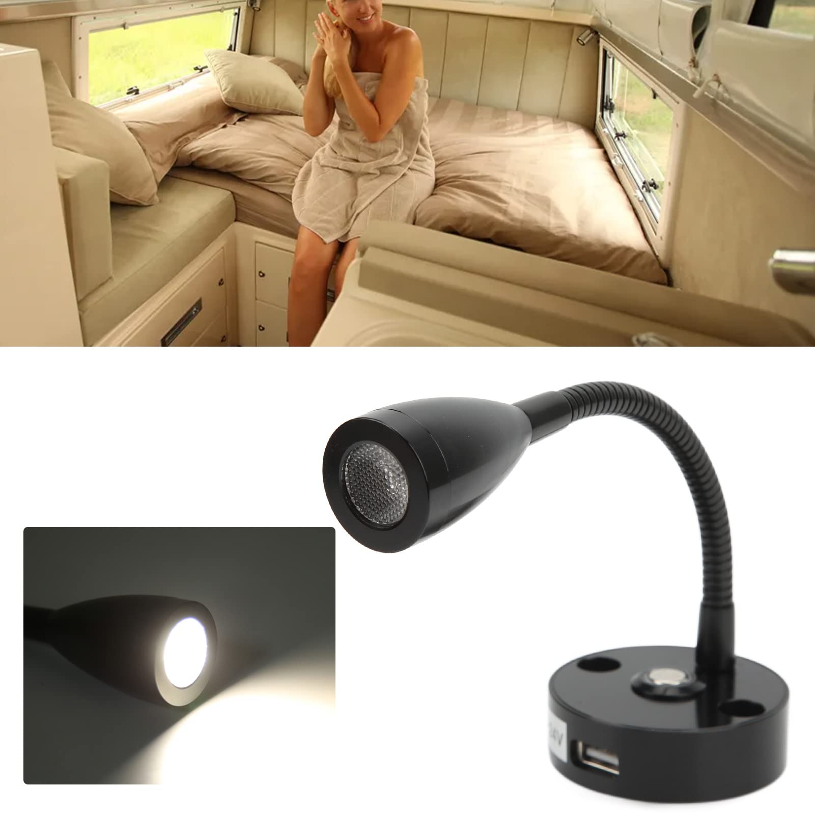Projecteur Lecture LED RV Tactile 3 Couleurs – Lampe Chevet Gradation Anti-Éblouissement 12-24V 3W Pour Camping-Car, Yacht, Caravane (Nickelage)