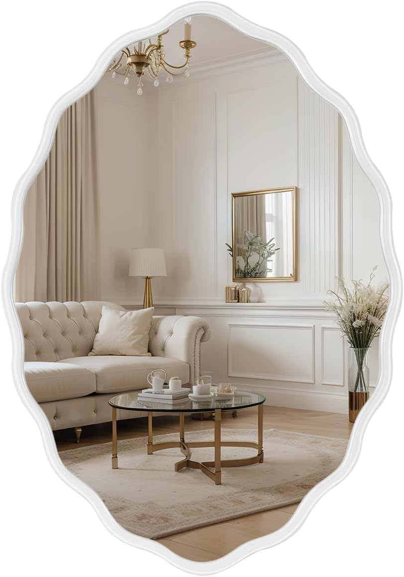 Oval Bathroom Mirror White Wall Mounted Large Decorative Wall Mirror for Living Room, Bedroom, or Entryway – Vintage Sunburst Design with Beveled Detailing – Wavy Frame Vanity Mirror