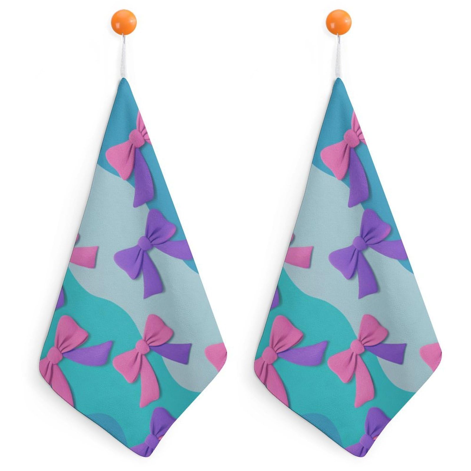 Jubonexis Turquoise Pink Purple Simple Bows Small Hand Towel with Hanging Loop 2 PCS Absorbent Soft Wash Cloth for Kitchen Bathroom