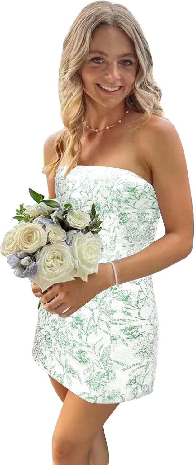 POMUYOO Strapless Satin Homecoming Dresses for Teens 2025 Floral Short Cocktail Prom Dresses with Pockets