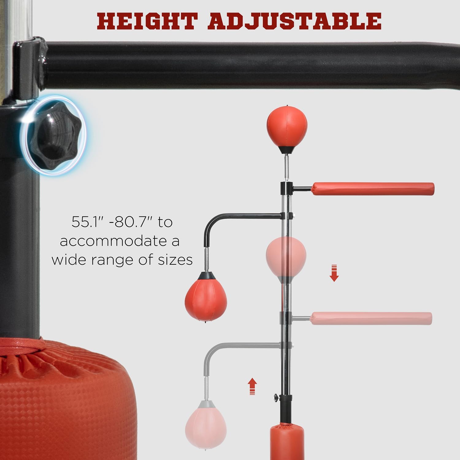 4'7"-6'8" Boxing Bag Stand with Speed Bag and Reaction Bar Challenge, Boxing Training Equipment with Suction Cups and Shock-Absorbing System, Red