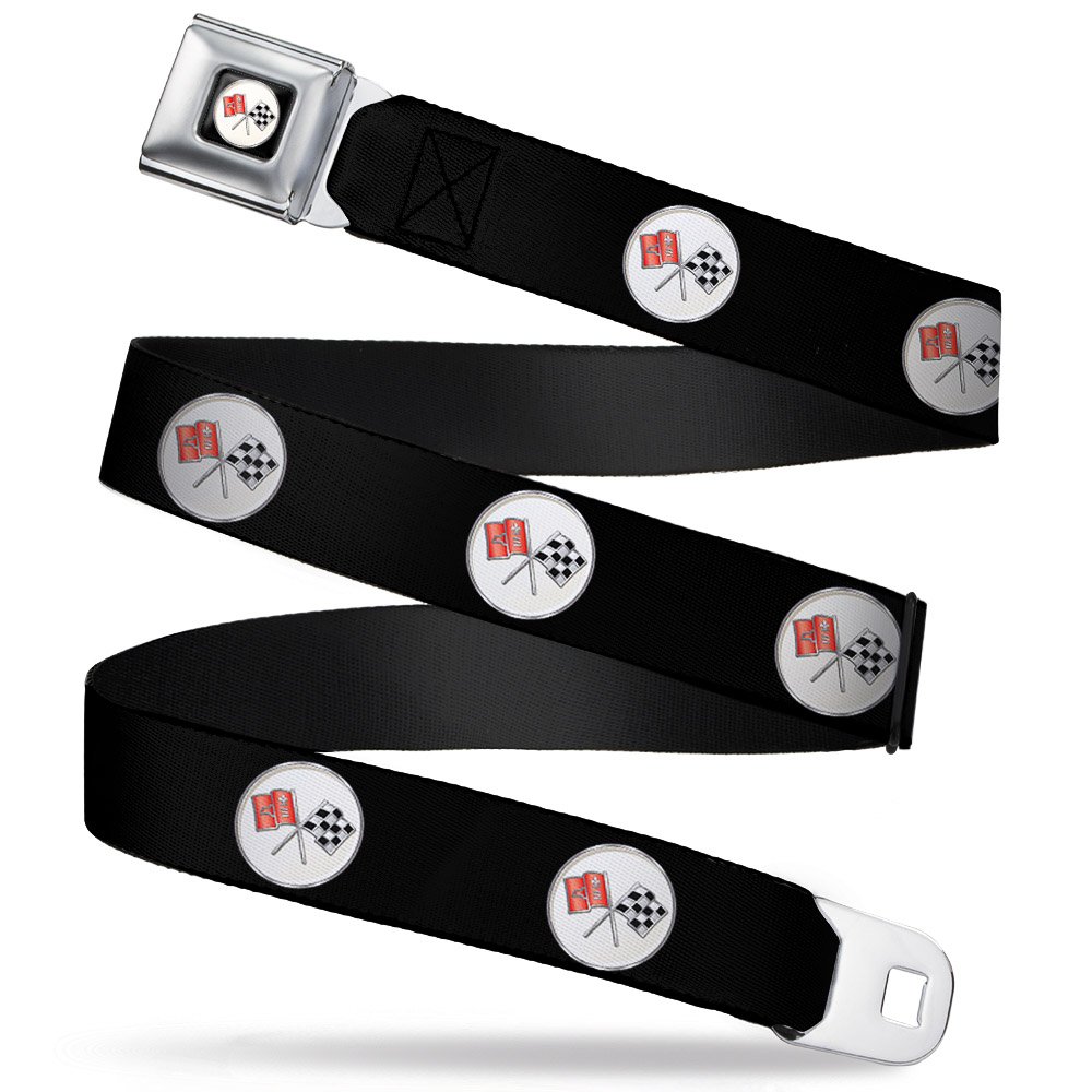 GM General Motors Belt, Seatbelt Buckle Belt, Corvette C2 Flags Logo Black, 44 to 63 Inches