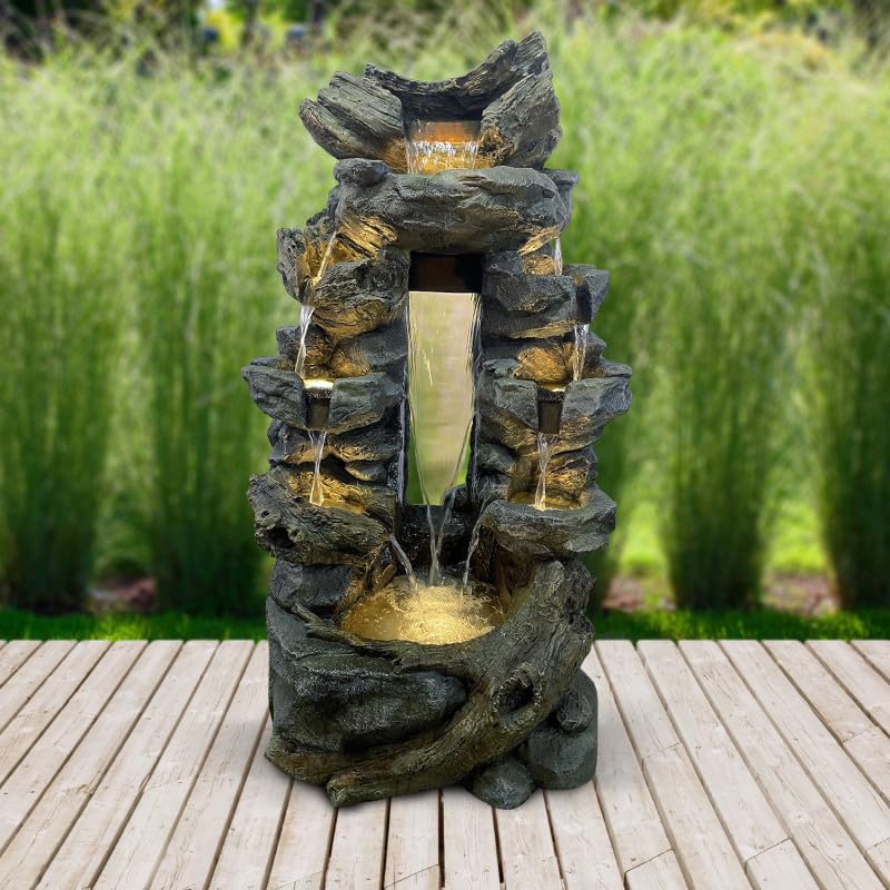 Fontaine de Jardin Art-Pond Niagara | Grande Taille 80x55x142cm en Polyrésine Gris Roche | avec Éclairage LED Blanc Chaud et Pompe 2000L/h | Décoration Extérieure ou Intérieure