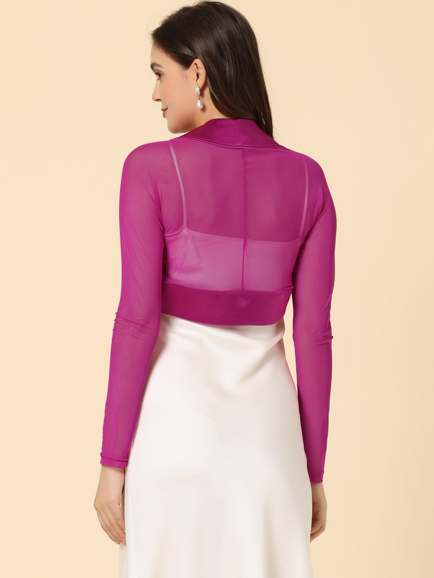 Allegra K Boléro élégant en satin à manches transparentes pour femme, fuchsia, M