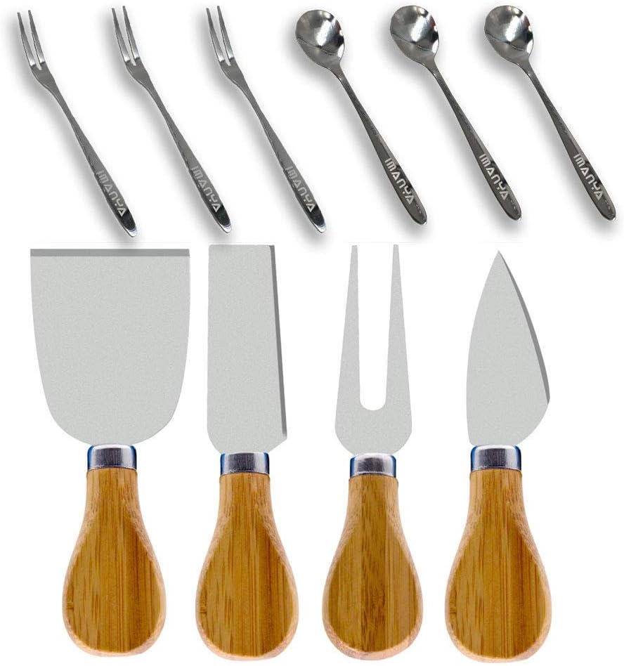 10 Pieces Cheese Knives Set - IMANYA 4 Pieces Stainless Steel Cheese Knives with bamboo handle, 6 Pieces Forks and Spoons – Fancy Gifts For Housewarming, Birthday, Wedding, Thanksgiving & Christmas 10 Pieces Cheese Knives Set - IMANYA 4 Pieces Stainless Steel Cheese Knives with bamboo handle, 6 Pieces Forks and Spoons – Fancy Gifts For Housewarming, Birthday, Wedding, Thanksgiving & Christmas