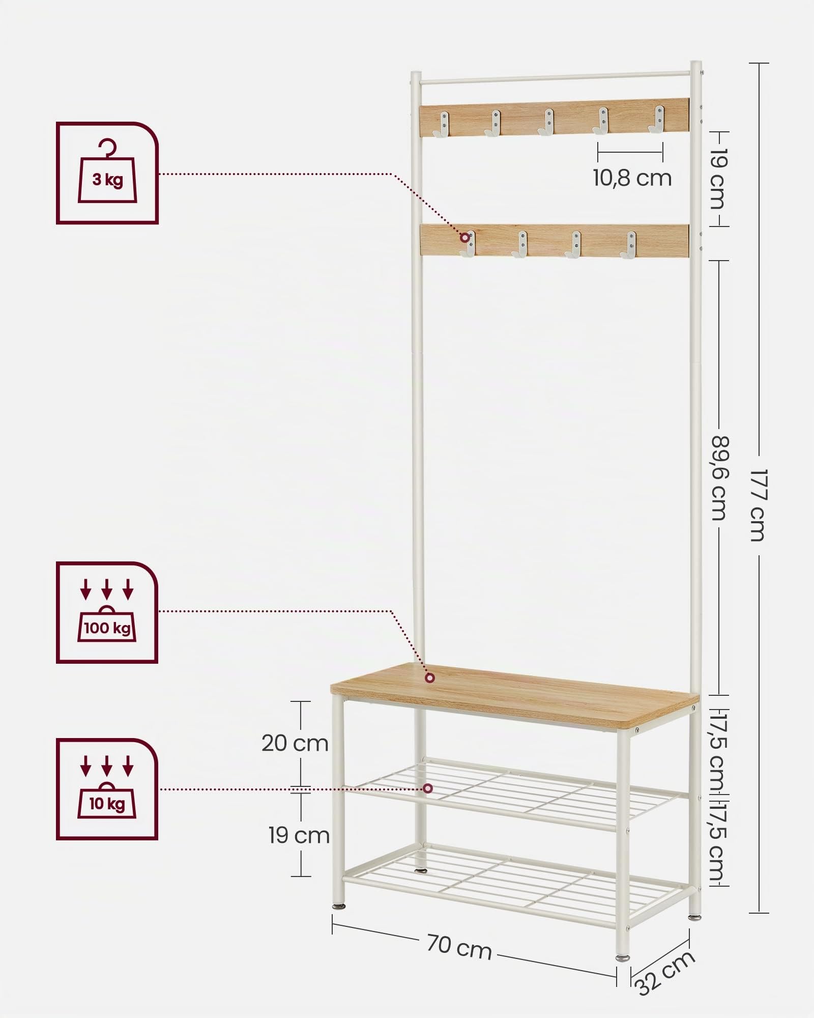 VASAGLE Appendiabiti con Scarpiera, Mobile da Ingresso con Panca, 3 in 1, Struttura in Acciaio, per Entrata Corridoio, 32 x 70 x 177 cm, Stile Moderno, Rovere e Crema HSR041W09